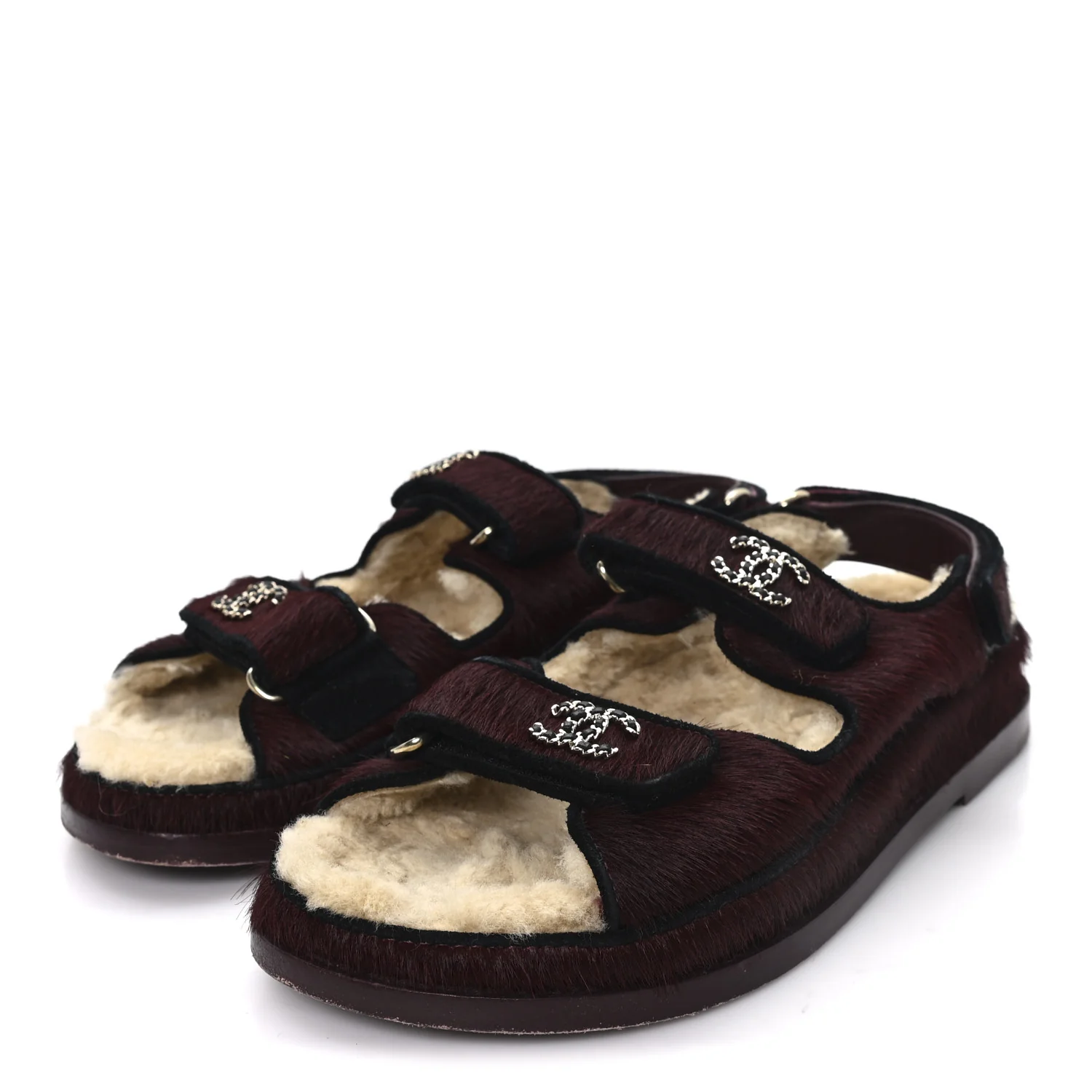 Calf Hair Suede Shearling Dad Sandals 36.5 Burgundy Black - Image 4