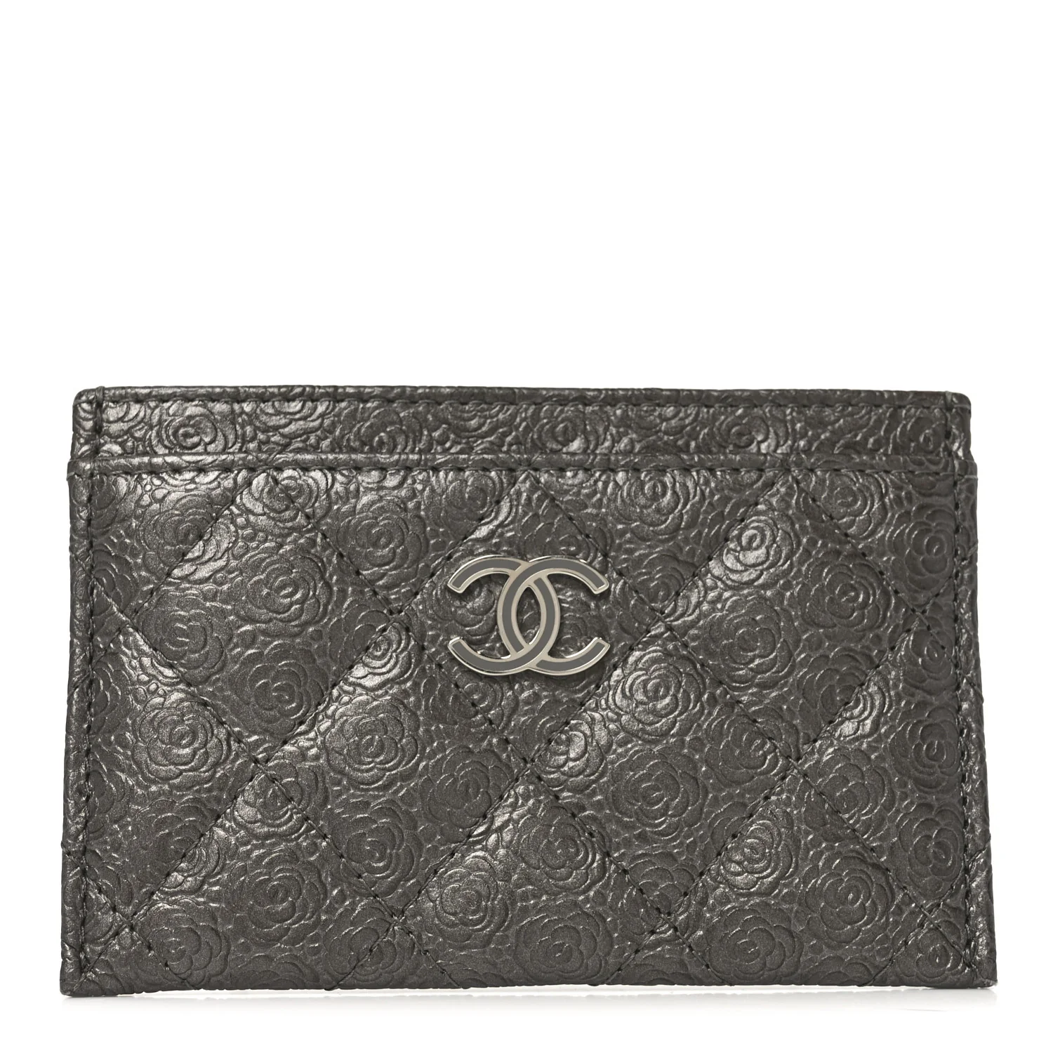 Calfskin Camellia Embossed Quilted Card Holder Grey