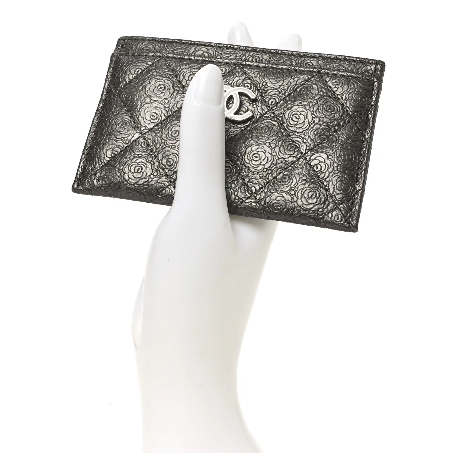 Calfskin Camellia Embossed Quilted Card Holder Grey - Image 2