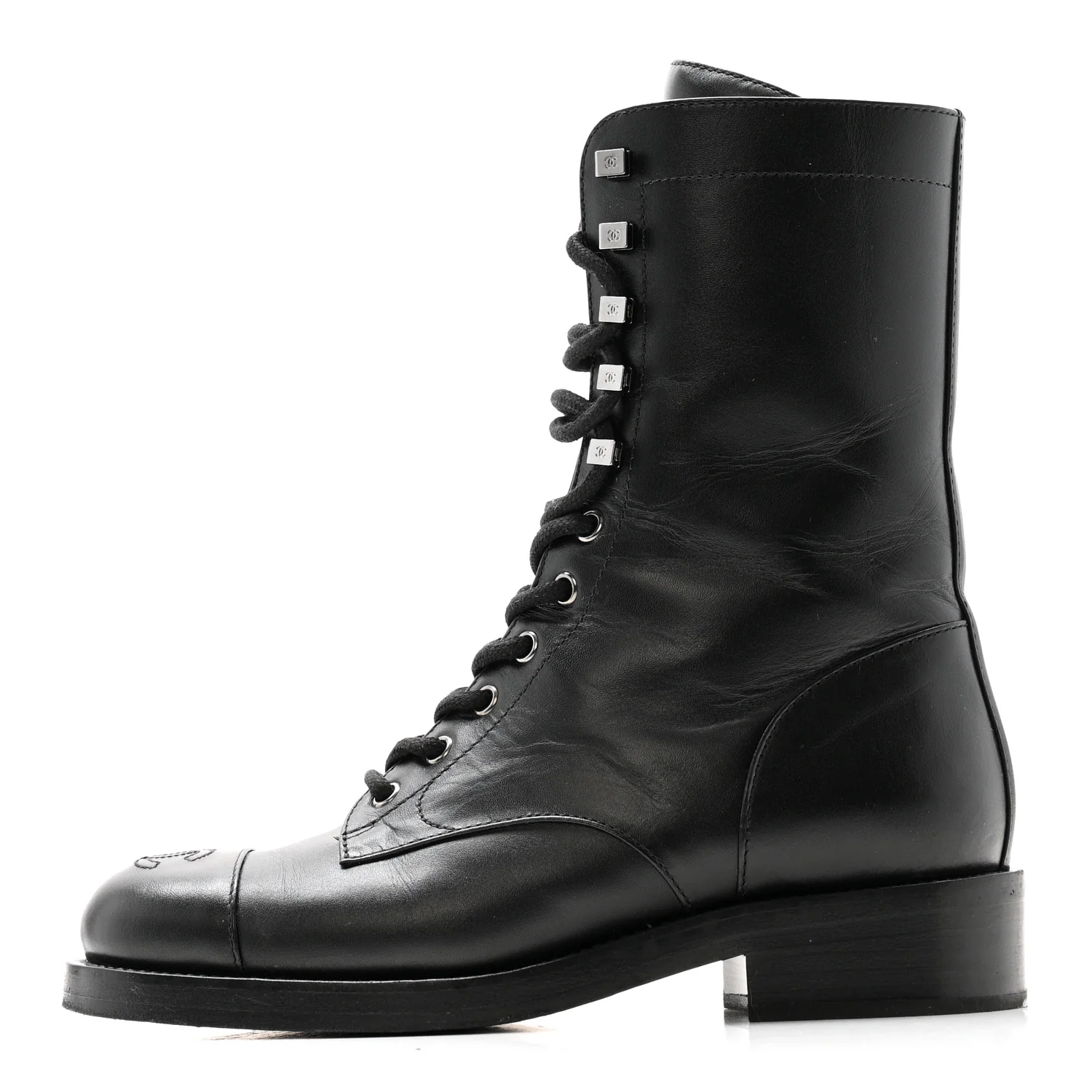 Calfskin Cap Toe Lace Up Combat Boots 38 Black