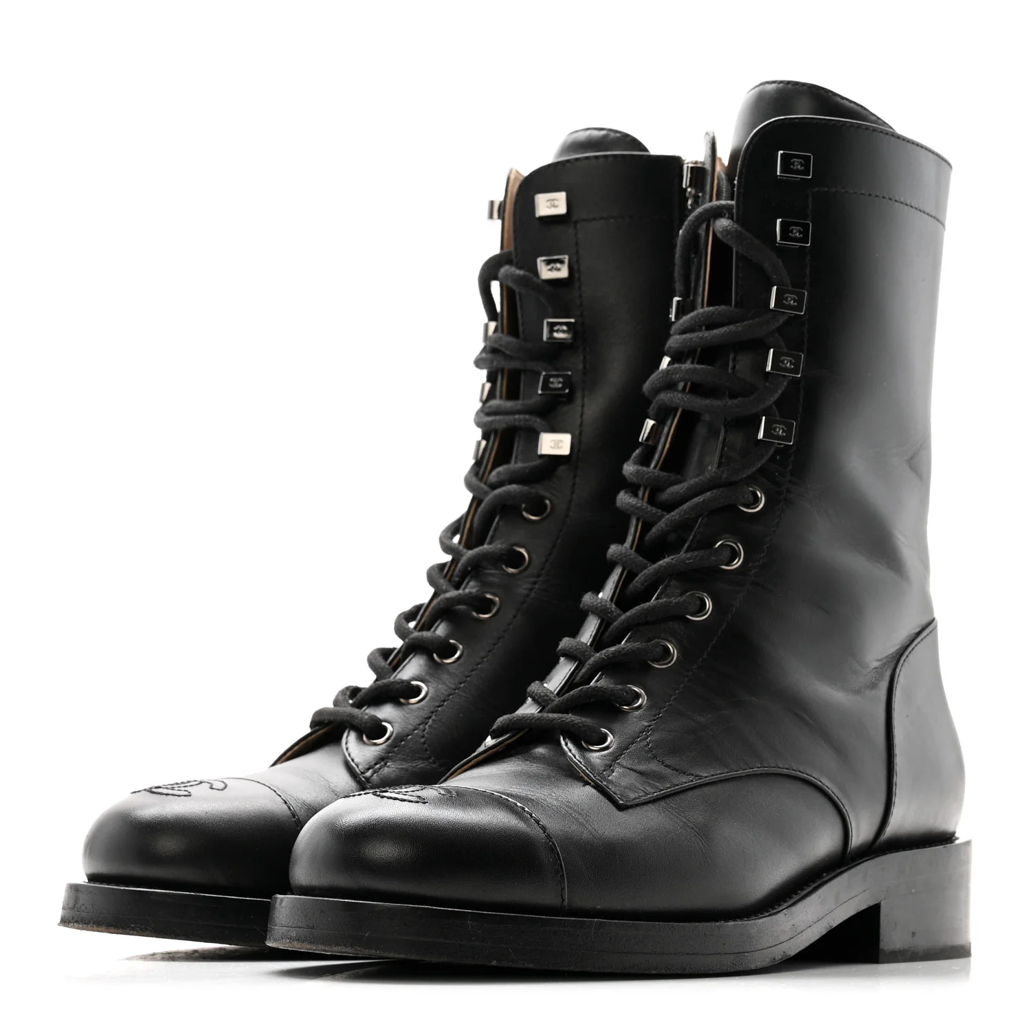 Calfskin Cap Toe Lace Up Combat Boots 38 Black - Image 6