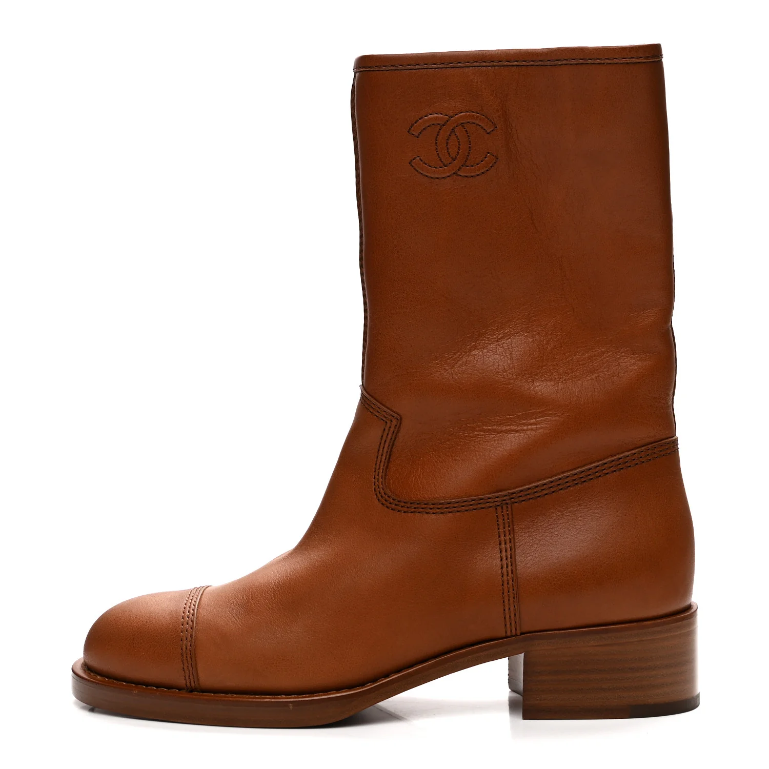 Calfskin CC Logo Mid Calf Boots 38 Brown