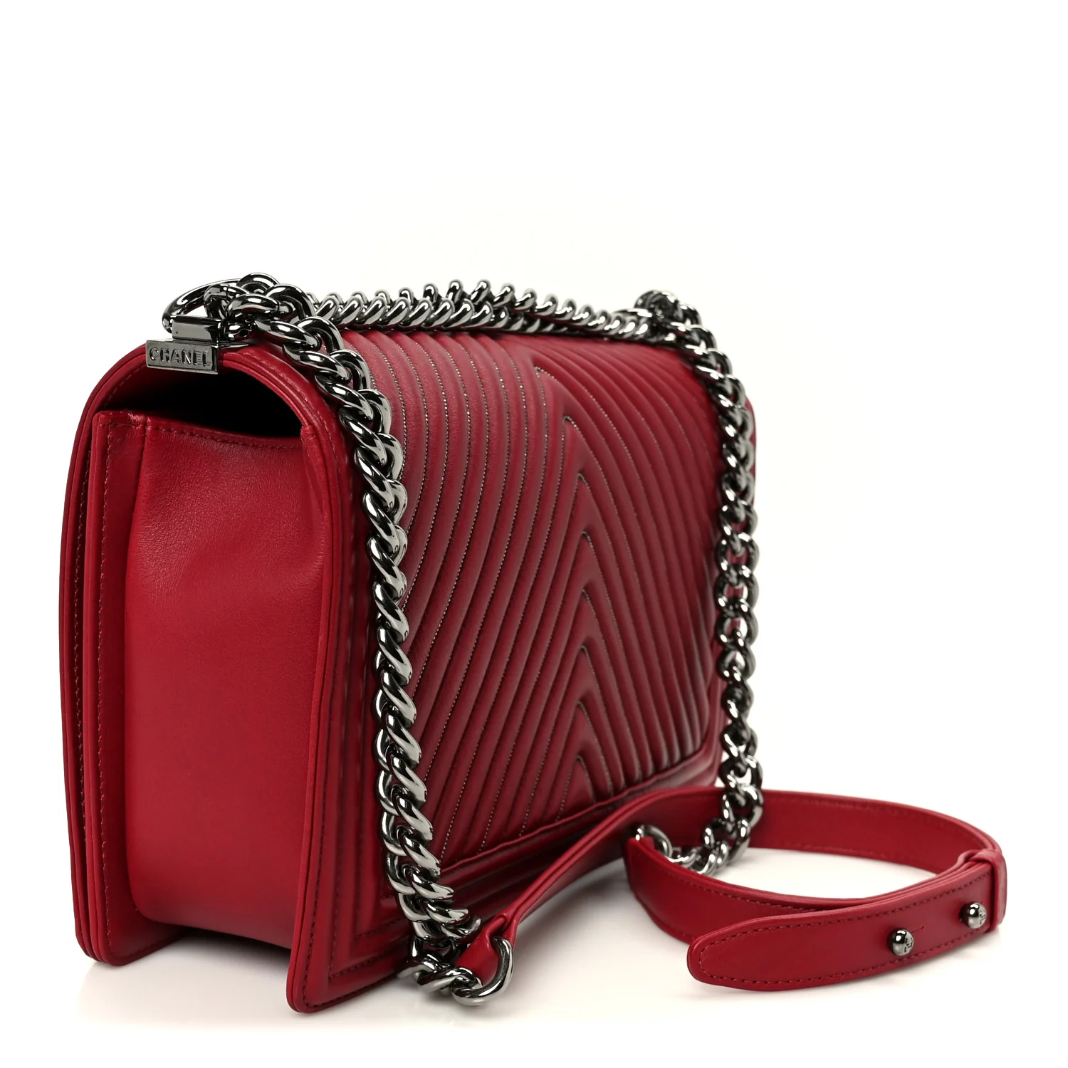 Calfskin Chevron Quilted Large Chain Boy Flap Red - Image 3