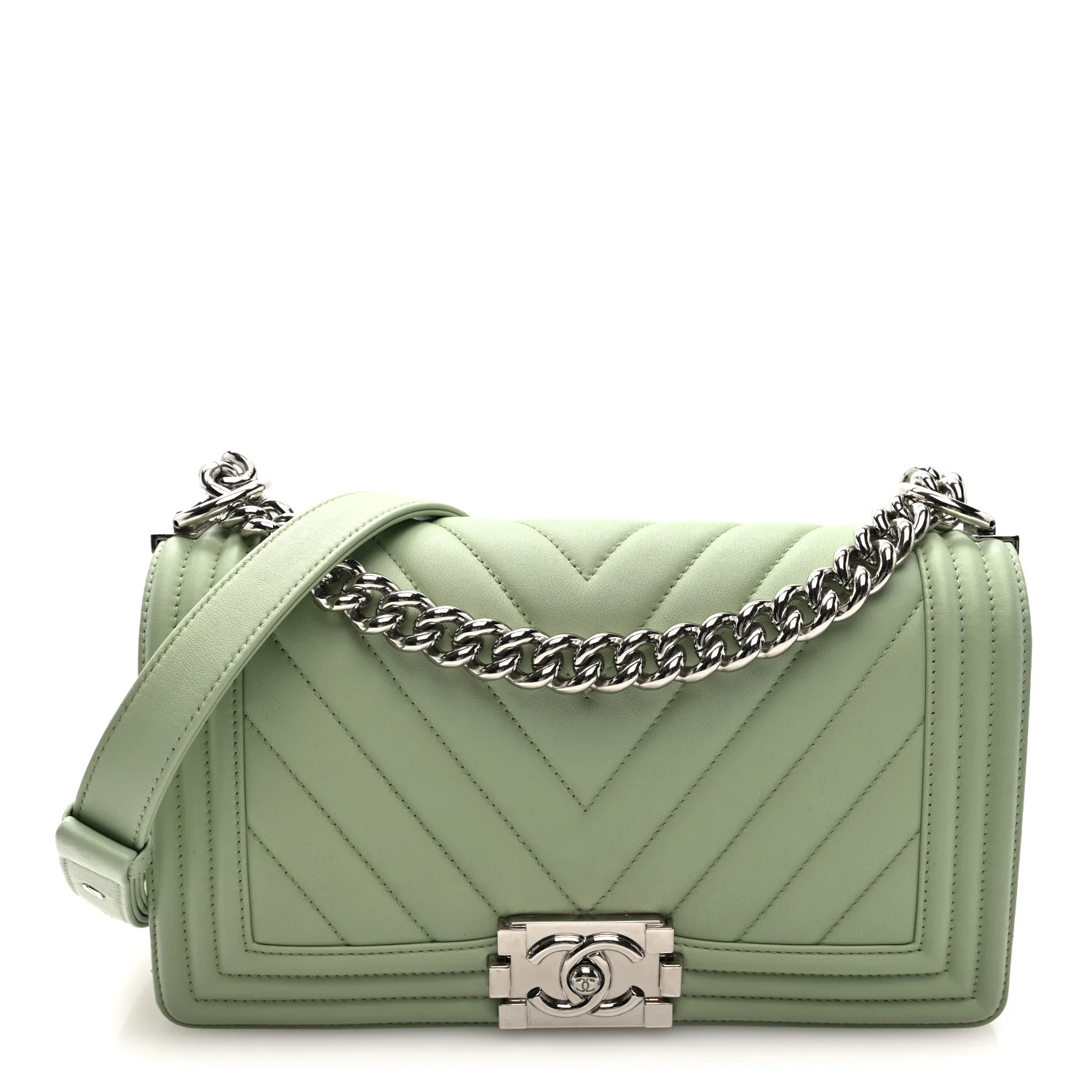 Calfskin Chevron Quilted Medium Boy Flap Light Green