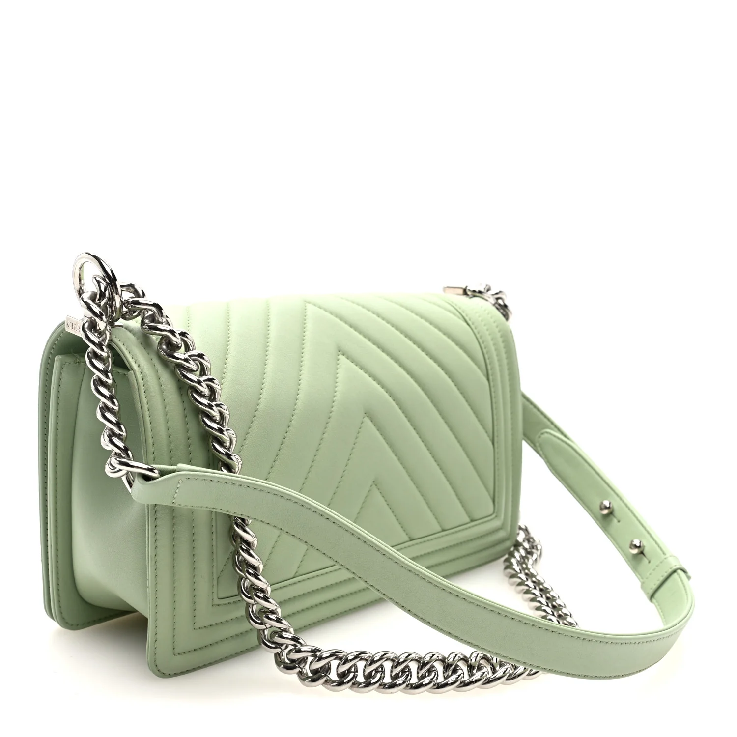 Calfskin Chevron Quilted Medium Boy Flap Light Green - Image 2