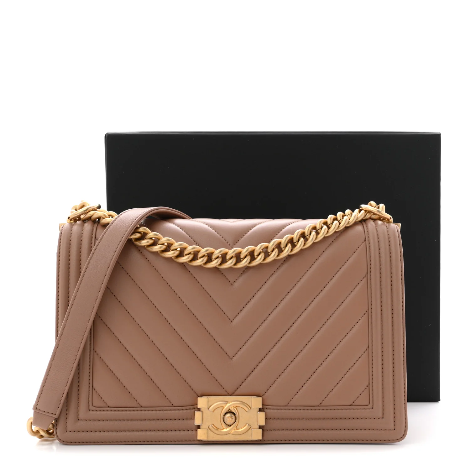 Calfskin Chevron Quilted New Medium Boy Flap Beige - Image 12