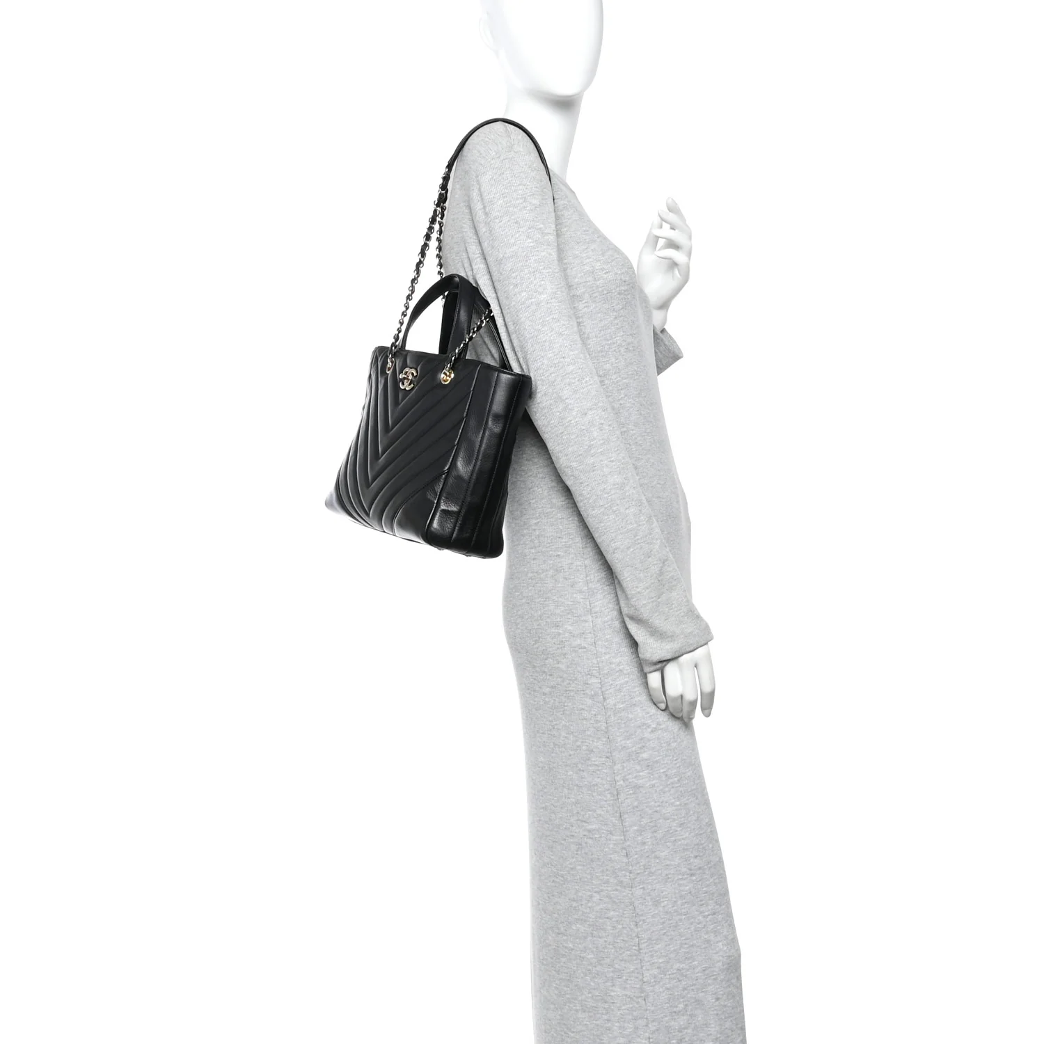 Calfskin Chevron Quilted Statement Shopping Tote Black - Image 2