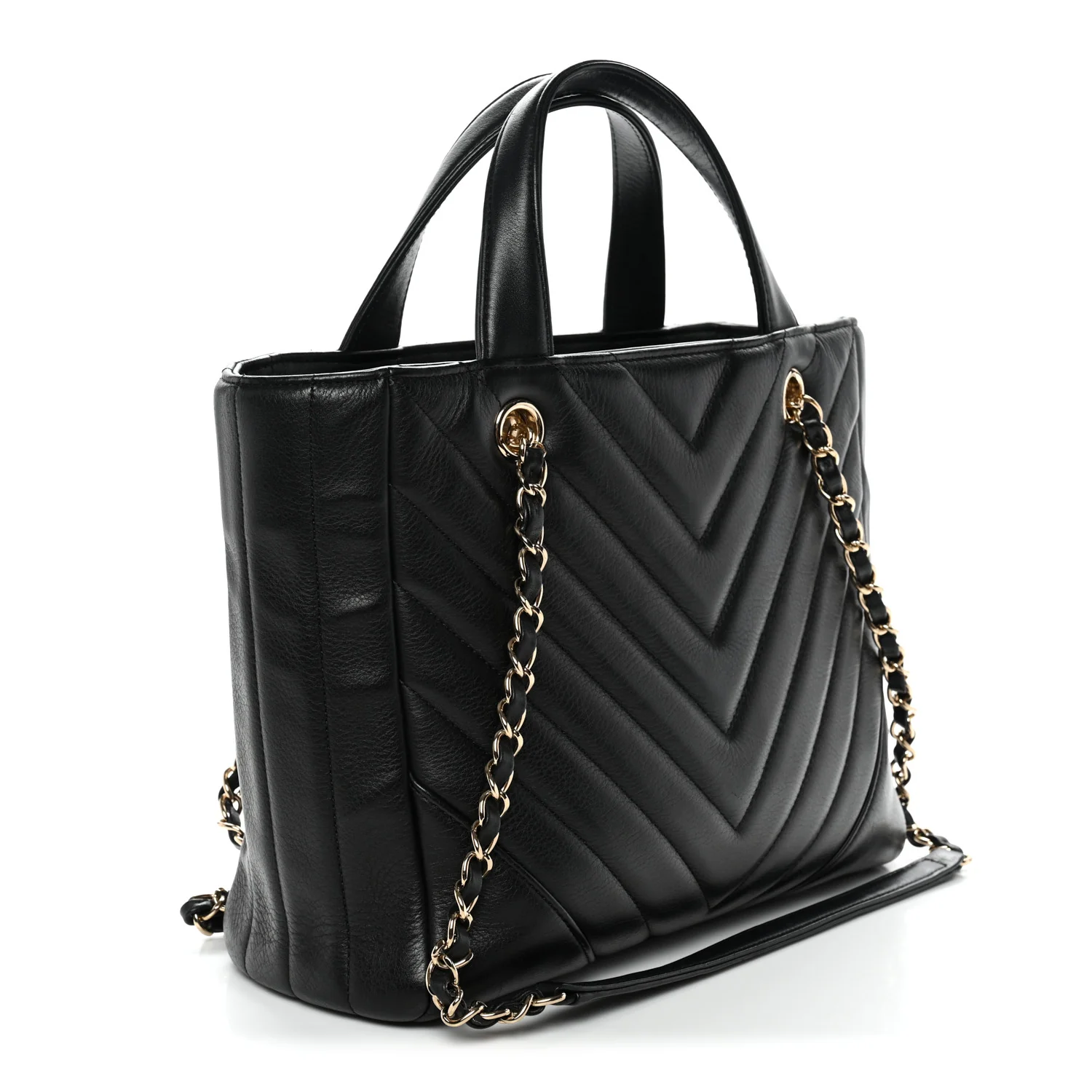 Calfskin Chevron Quilted Statement Shopping Tote Black - Image 3
