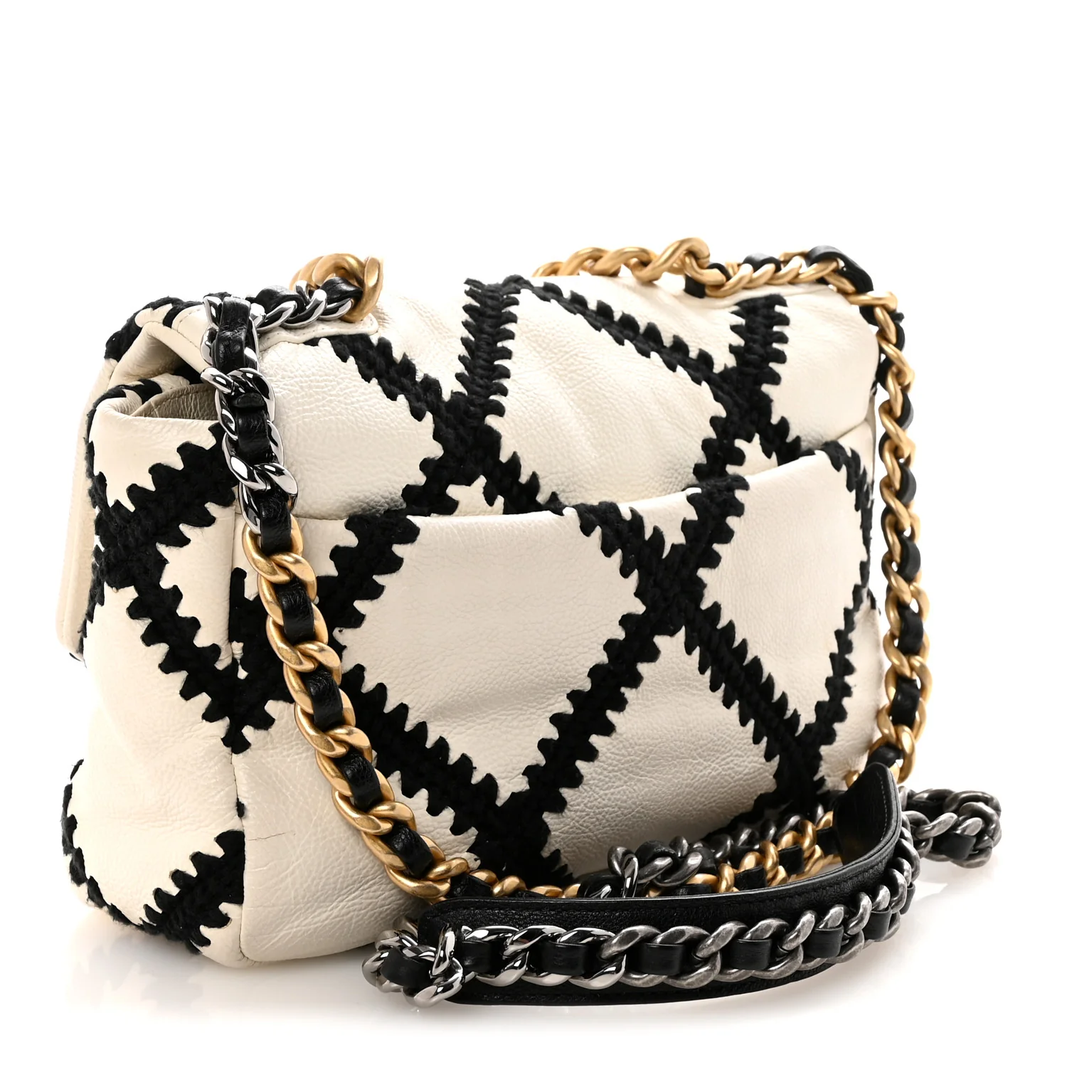 Calfskin Crochet Medium Chanel 19 Flap White Black - Image 3