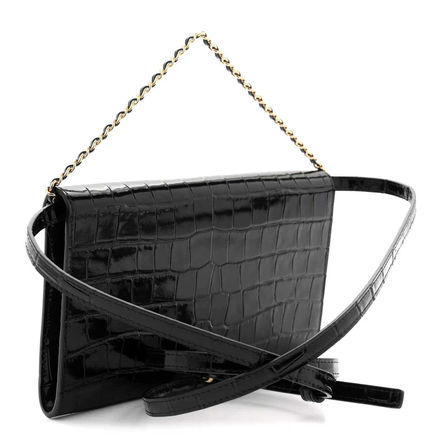 Calfskin Crocodile Embossed Clutch With Chain Black - Image 3