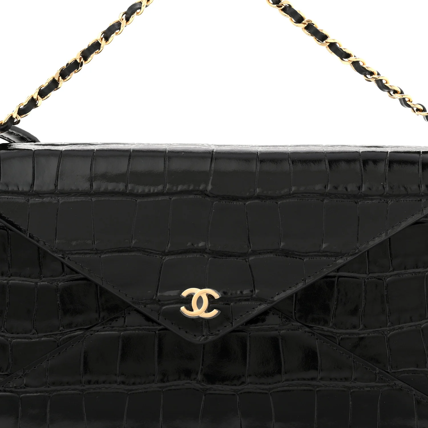 Calfskin Crocodile Embossed Clutch With Chain Black - Image 8