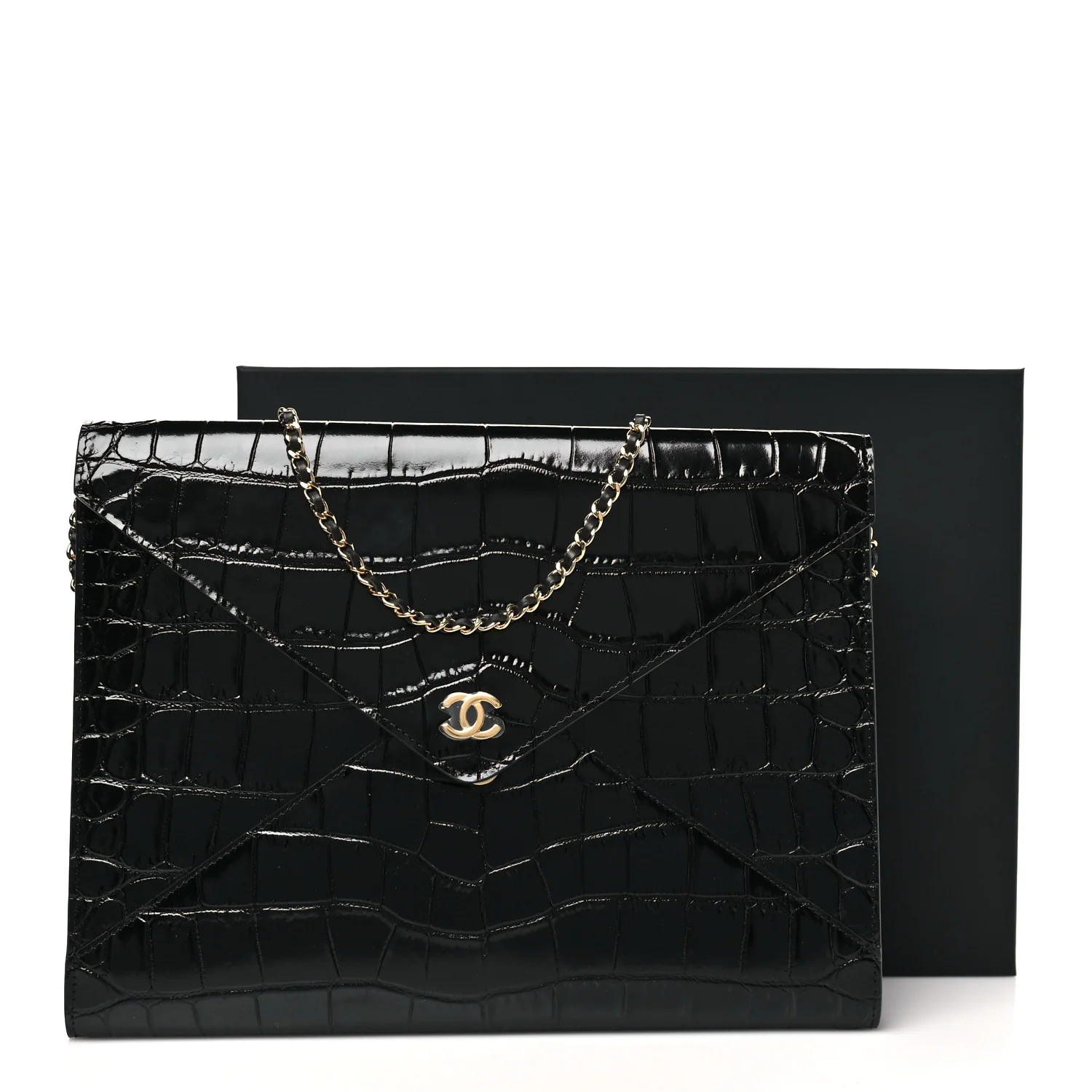 Calfskin Crocodile Embossed Croc Illusion Clutch With Chain Black - Image 10