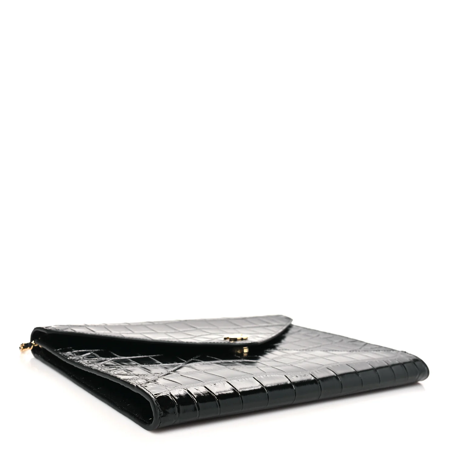 Calfskin Crocodile Embossed Croc Illusion Clutch With Chain Black - Image 3
