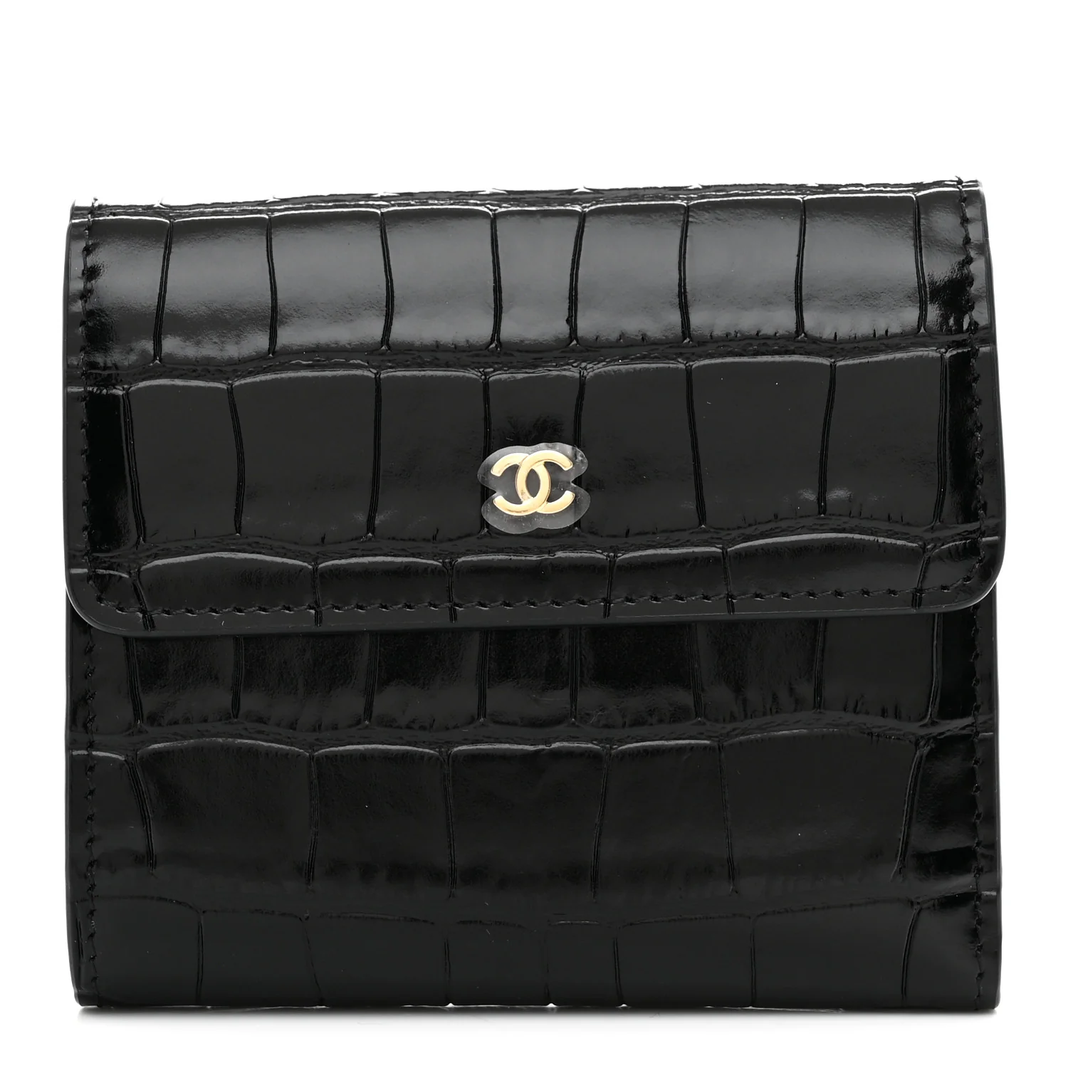 Calfskin Crocodile Embossed Crococo Flap Wallet Black