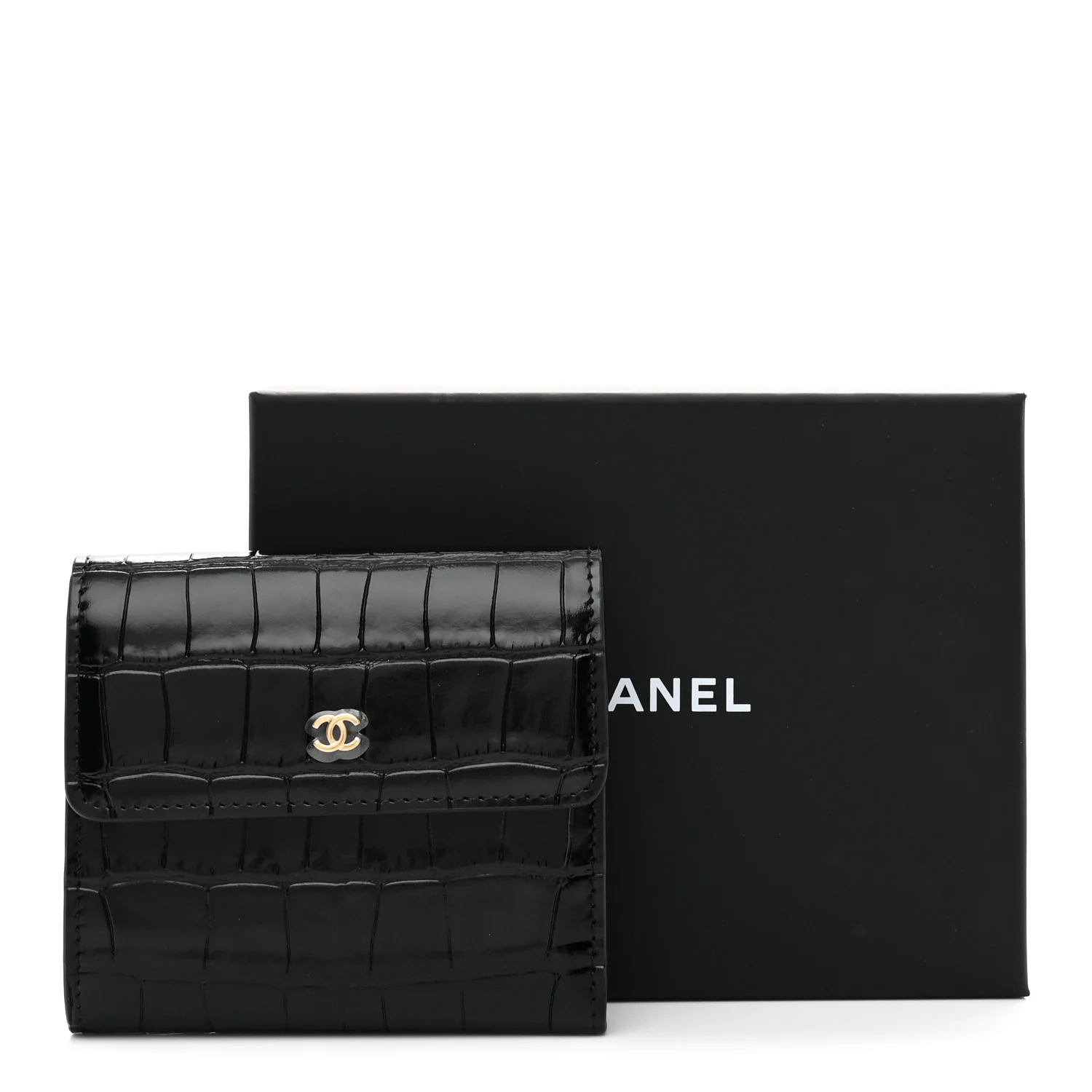 Calfskin Crocodile Embossed Crococo Flap Wallet Black - Image 9