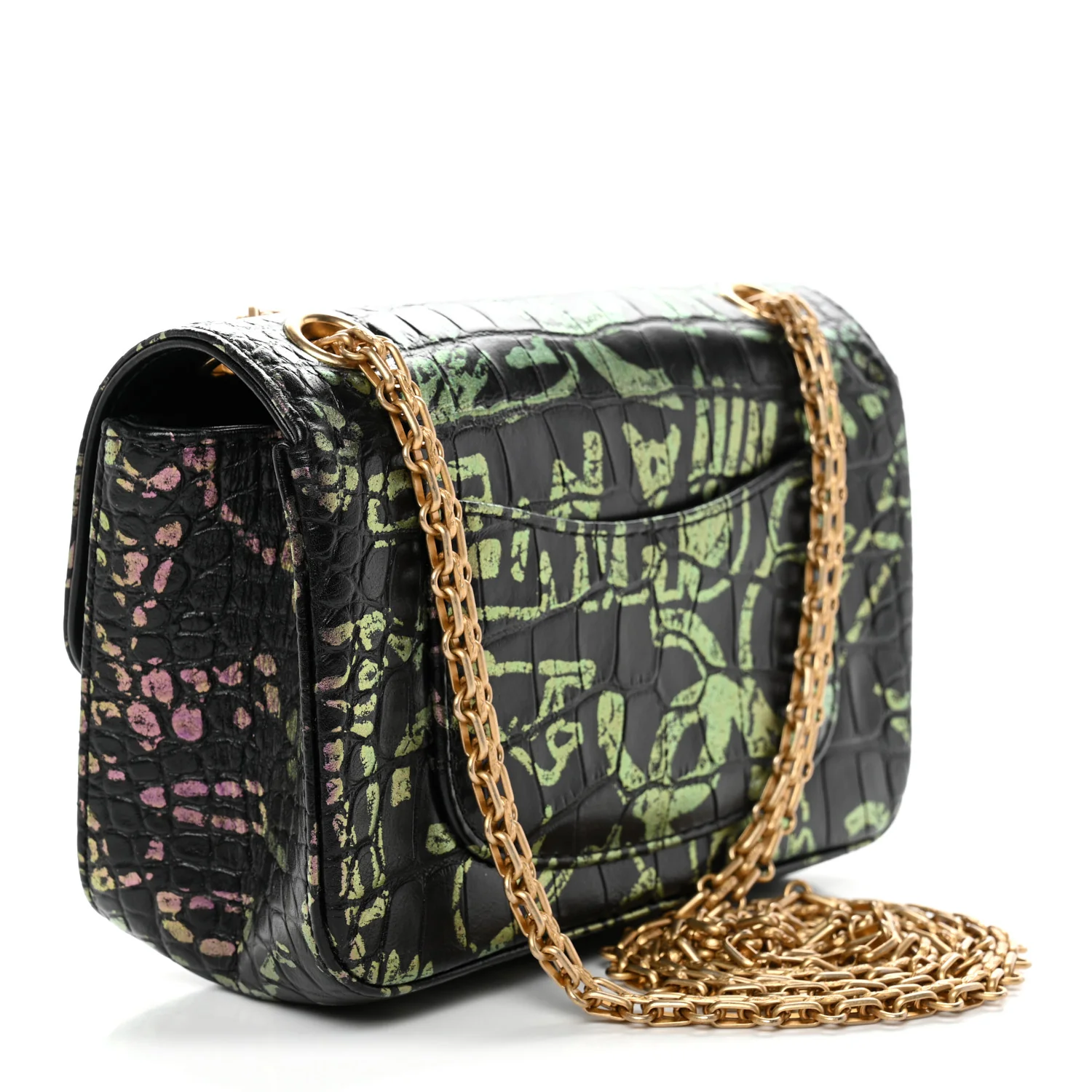 Calfskin Crocodile Embossed Graffiti 2.55 Mini Cocodile Reissue Flap Black Pink - Image 3