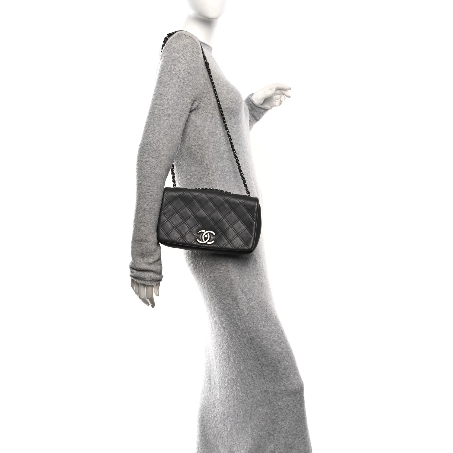 Calfskin Diamond Embossed Medium New Chic Flap Dark Grey - Image 2