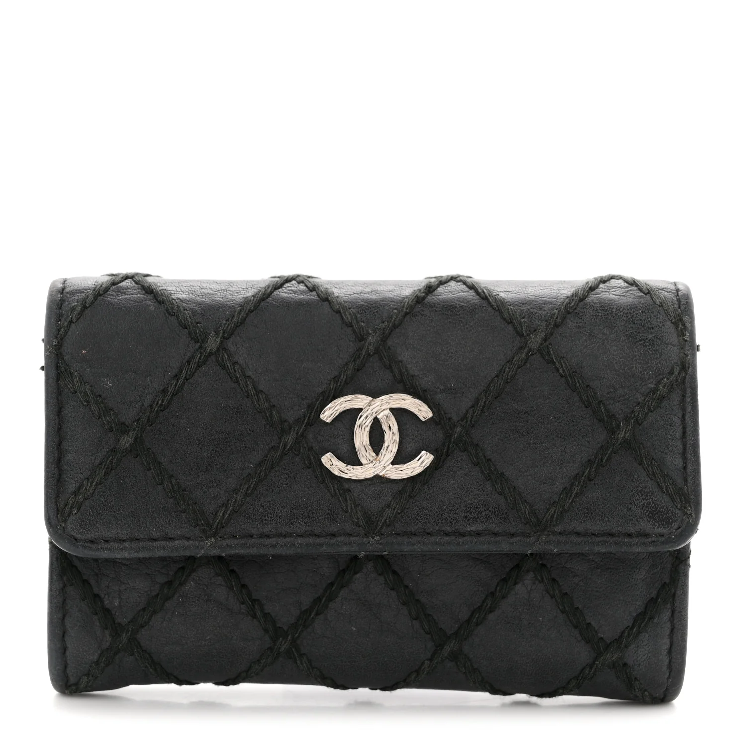 Calfskin Diamond Stitched Card Holder Wallet Black