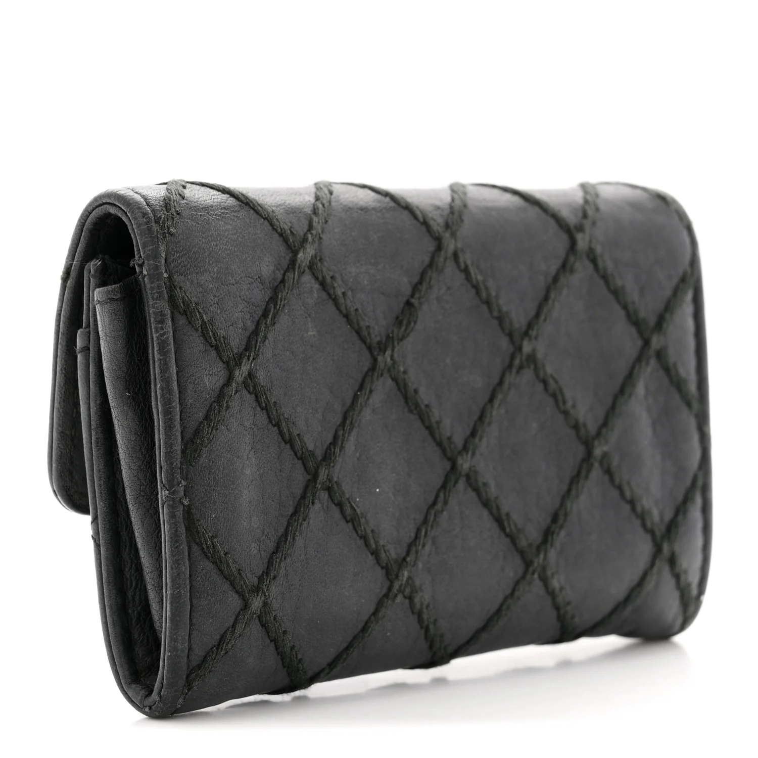Calfskin Diamond Stitched Card Holder Wallet Black - Image 3