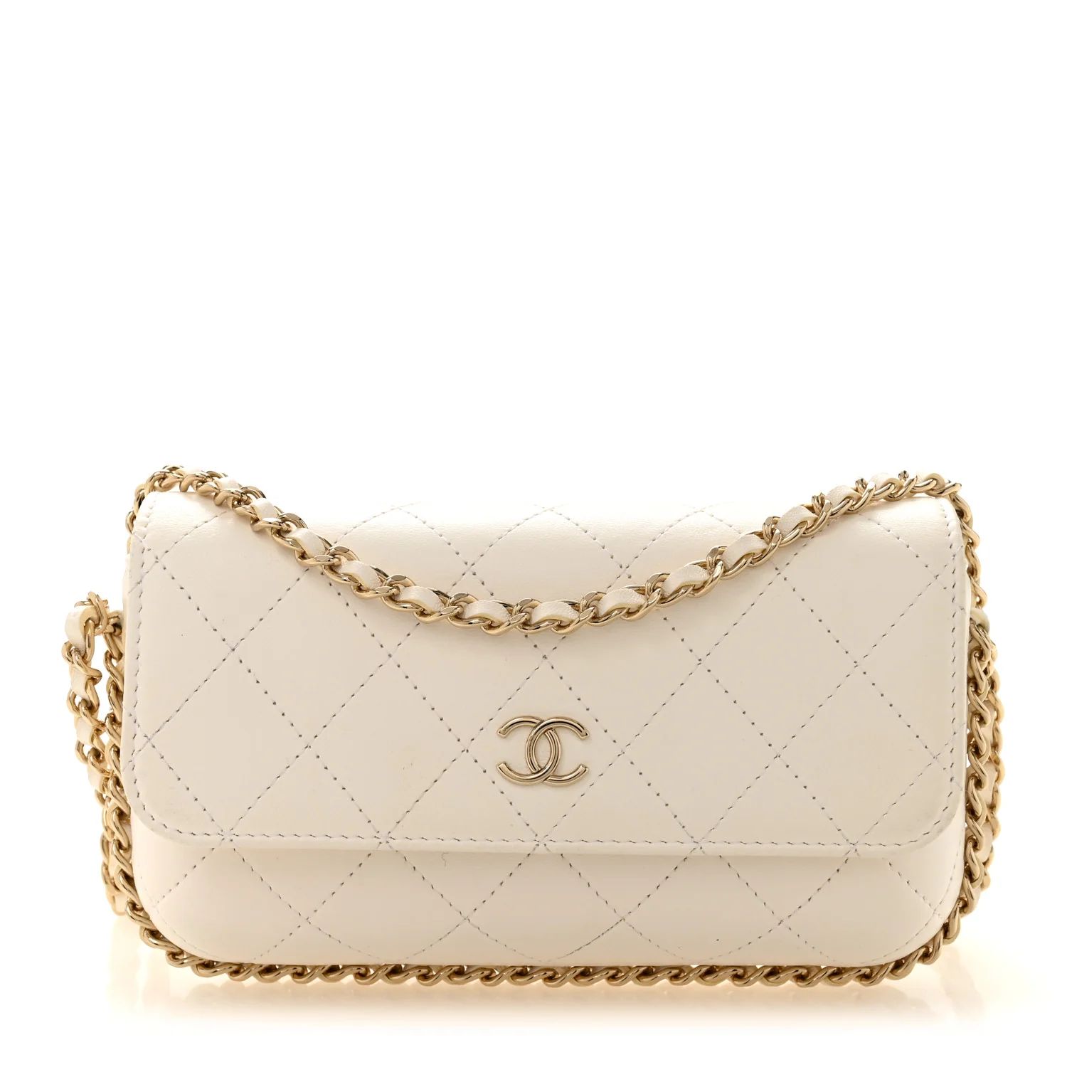 Calfskin Diamond Stitched Chain Around Flap Phone Holder White