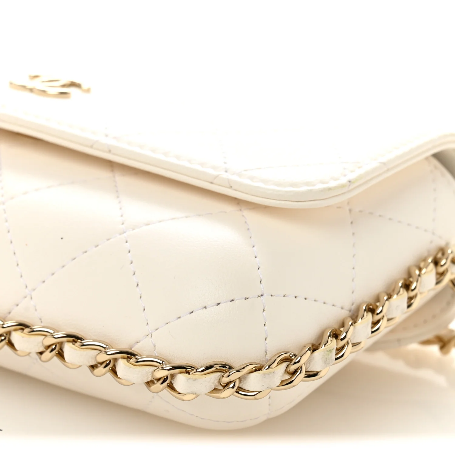 Calfskin Diamond Stitched Chain Around Flap Phone Holder White - Image 10
