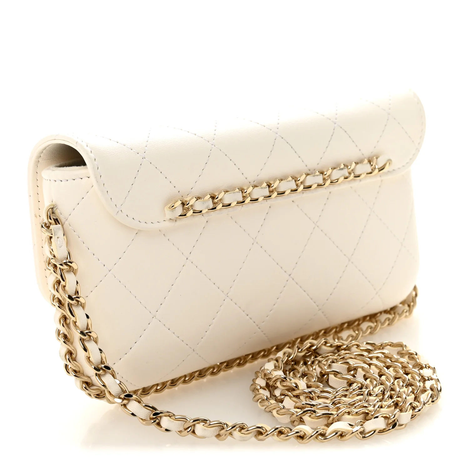 Calfskin Diamond Stitched Chain Around Flap Phone Holder White - Image 3
