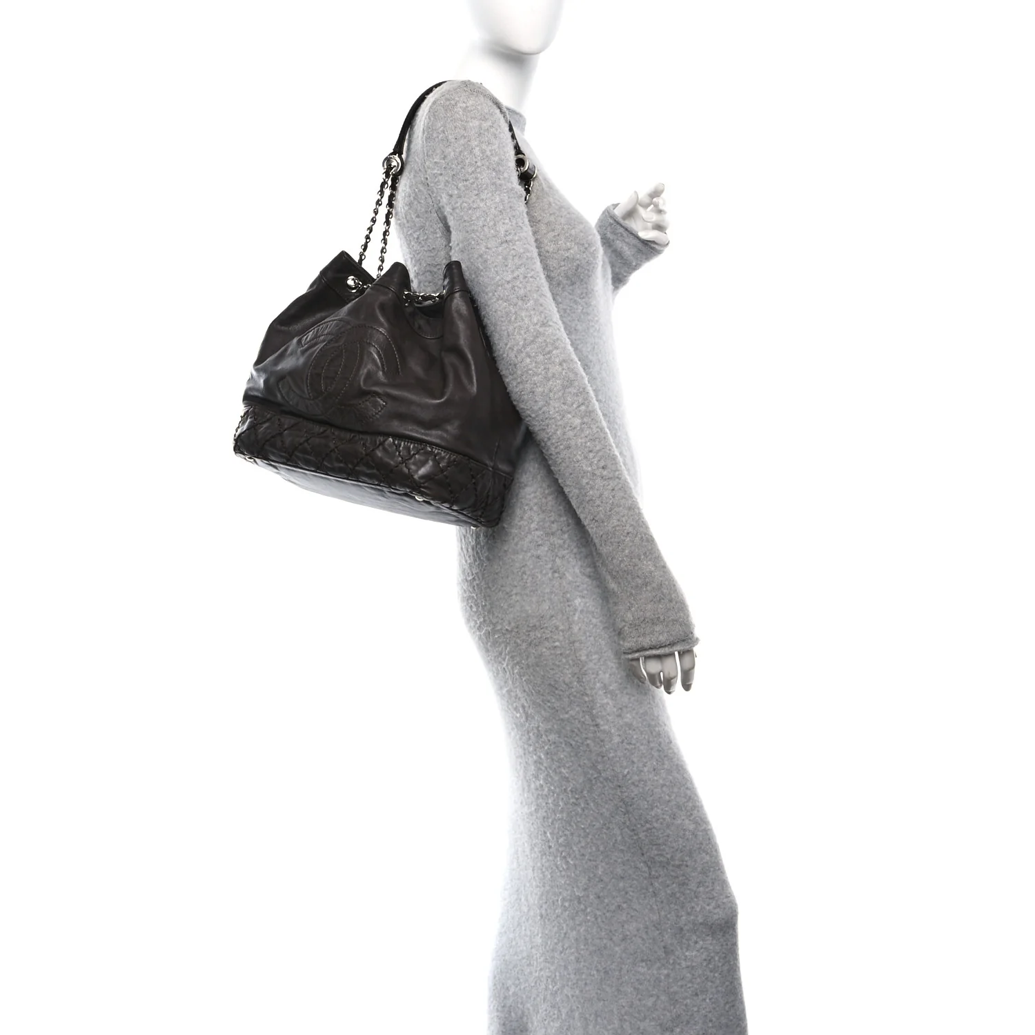 Calfskin Drawstring CC Bucket Bag Dark Brown - Image 2