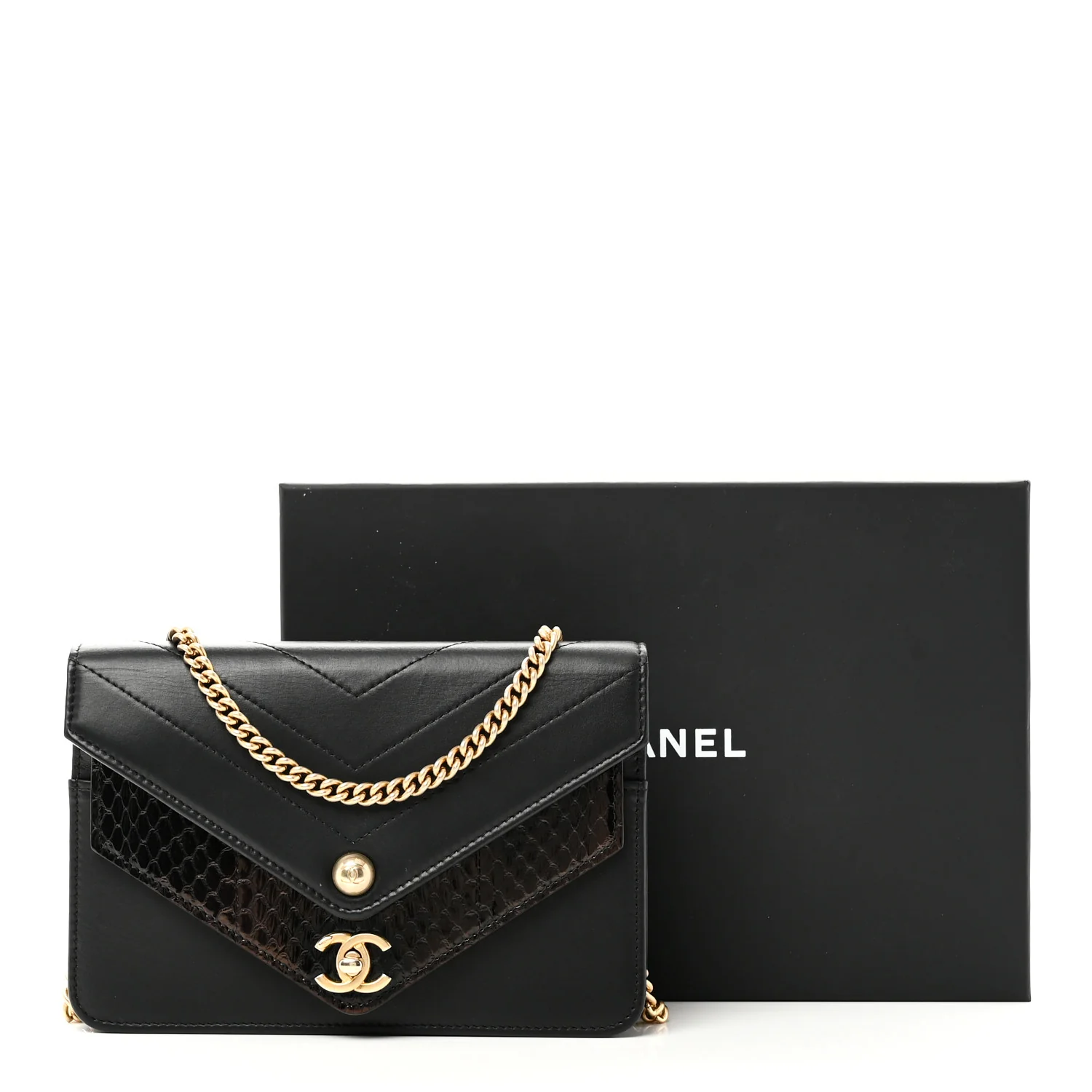 Calfskin Elaphe Double Chevron Mini Wallet On Chain WOC Black - Image 12
