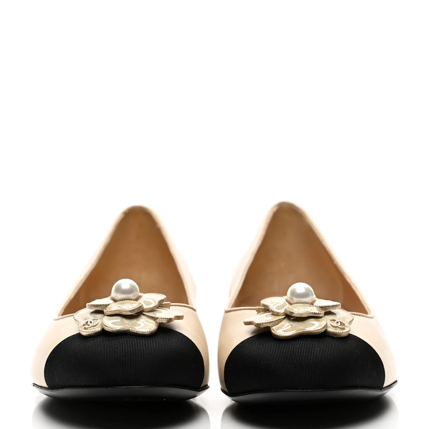 Calfskin Grosgrain Pearl Camellia Ballerina Flats 39 Beige Black - Image 3