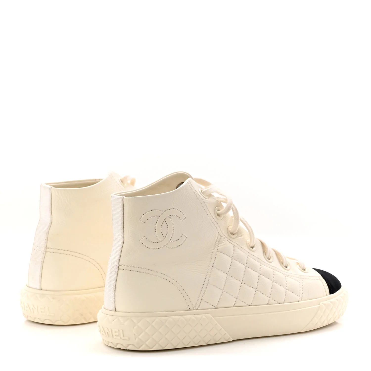 Calfskin High Top CC Sneakers 38.5 Ivory Black - Image 5