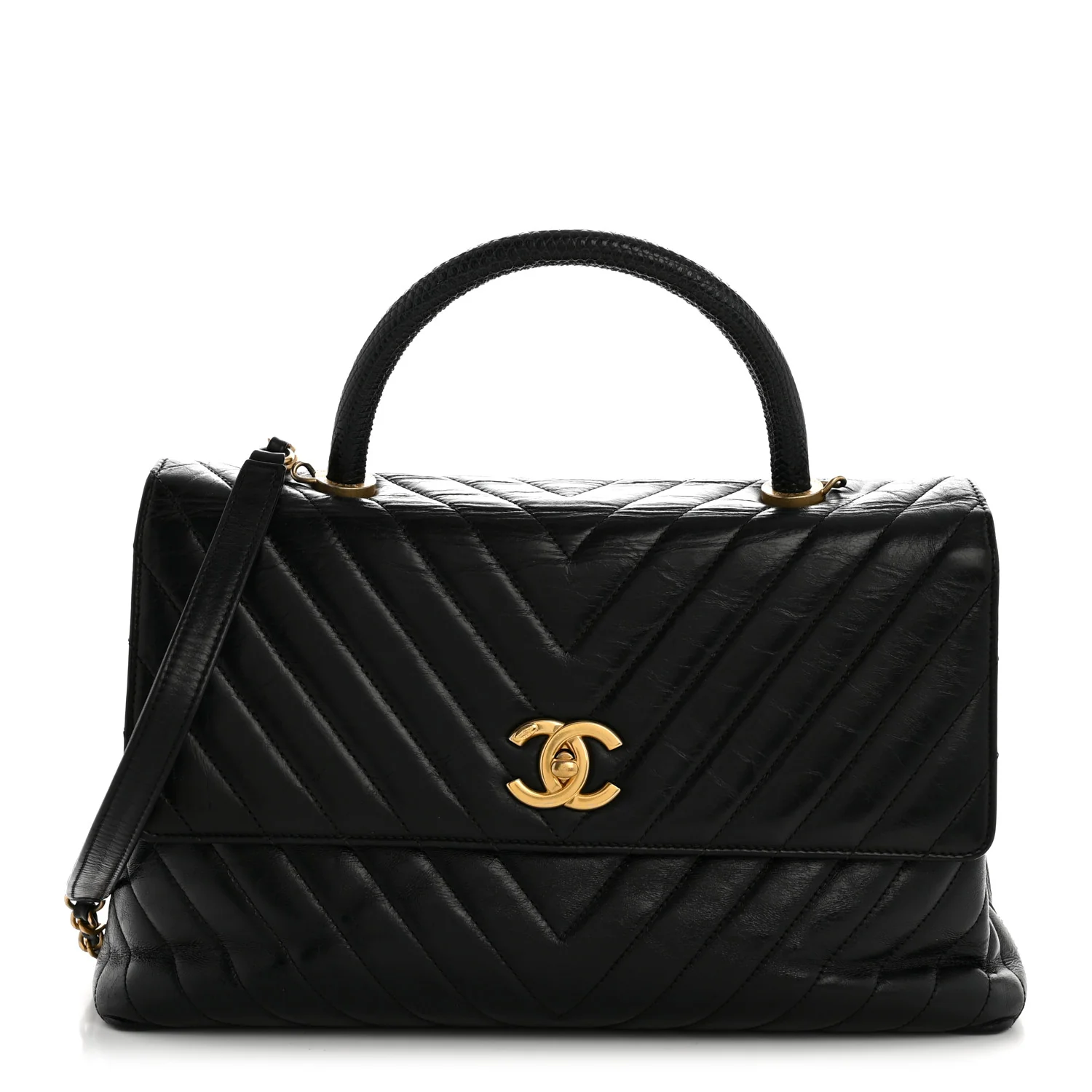 Calfskin Lizard Chevron Quilted Medium Coco Handle Flap Black
