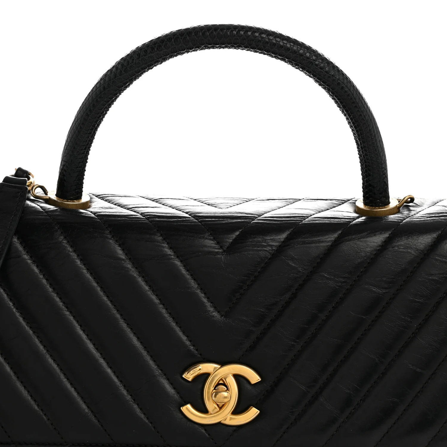 Calfskin Lizard Chevron Quilted Medium Coco Handle Flap Black - Image 8