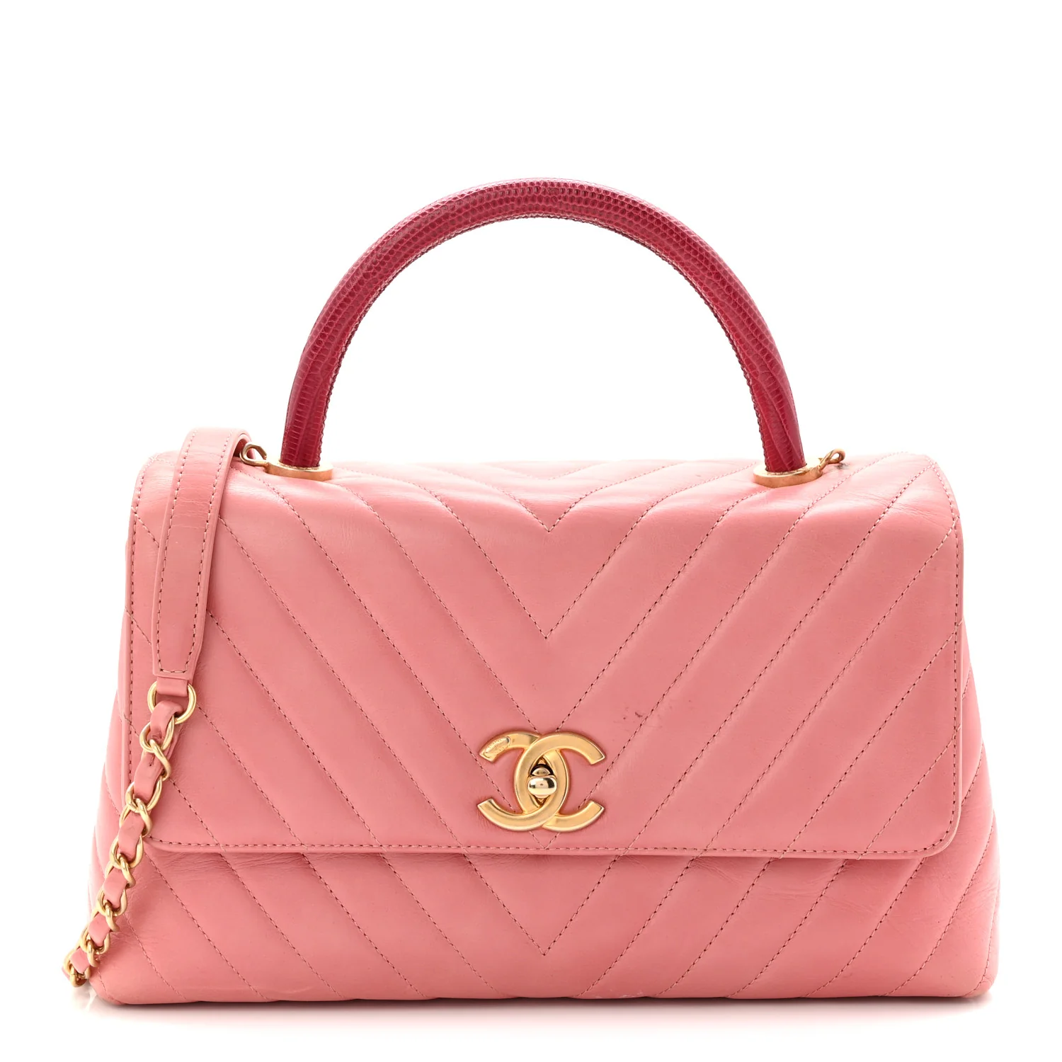 Calfskin Lizard Chevron Quilted Small Coco Handle Flap Pink
