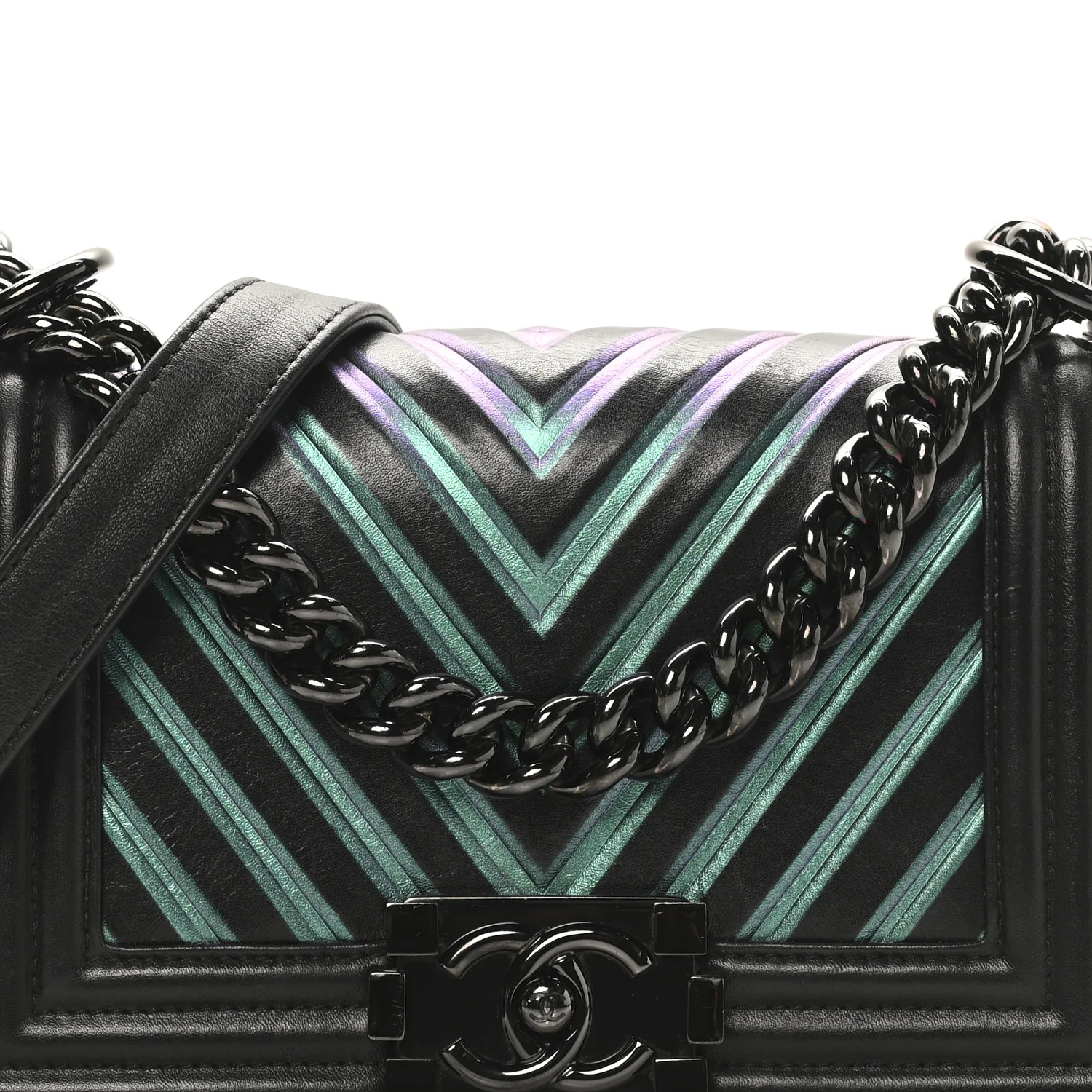 Calfskin Painted Chevron Embossed Medium Boy Flap Black - Image 8