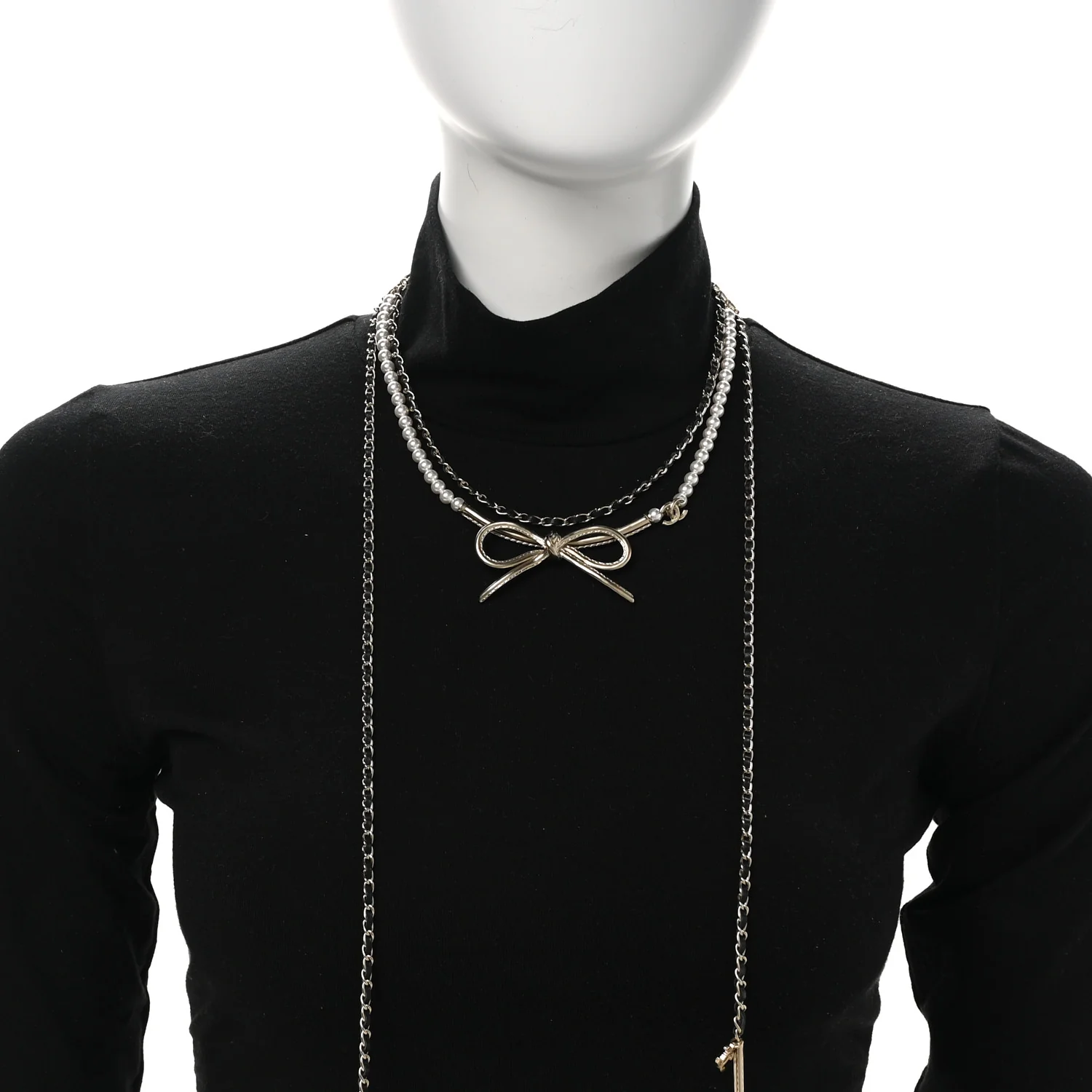 Calfskin Pearl Metal CC Bow Necklace Gold White Black - Image 2
