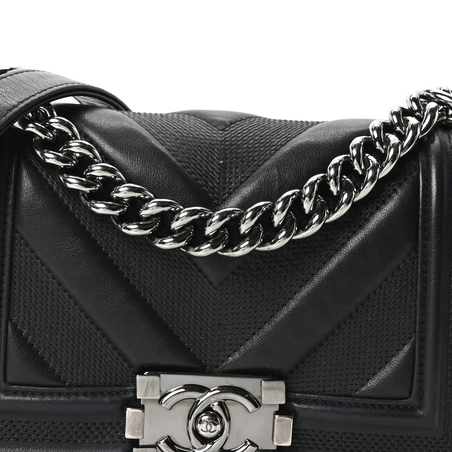 Calfskin Perforated Chevron Quilted Small Boy Flap Black - Image 7