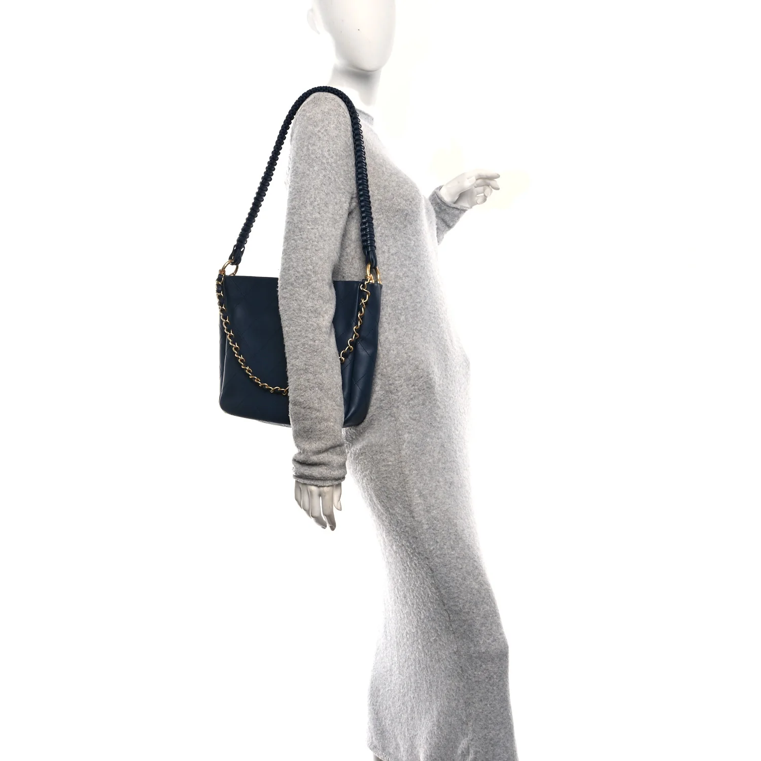 Calfskin Quilted Braided Handle Chain Hobo Navy Blue - Image 2