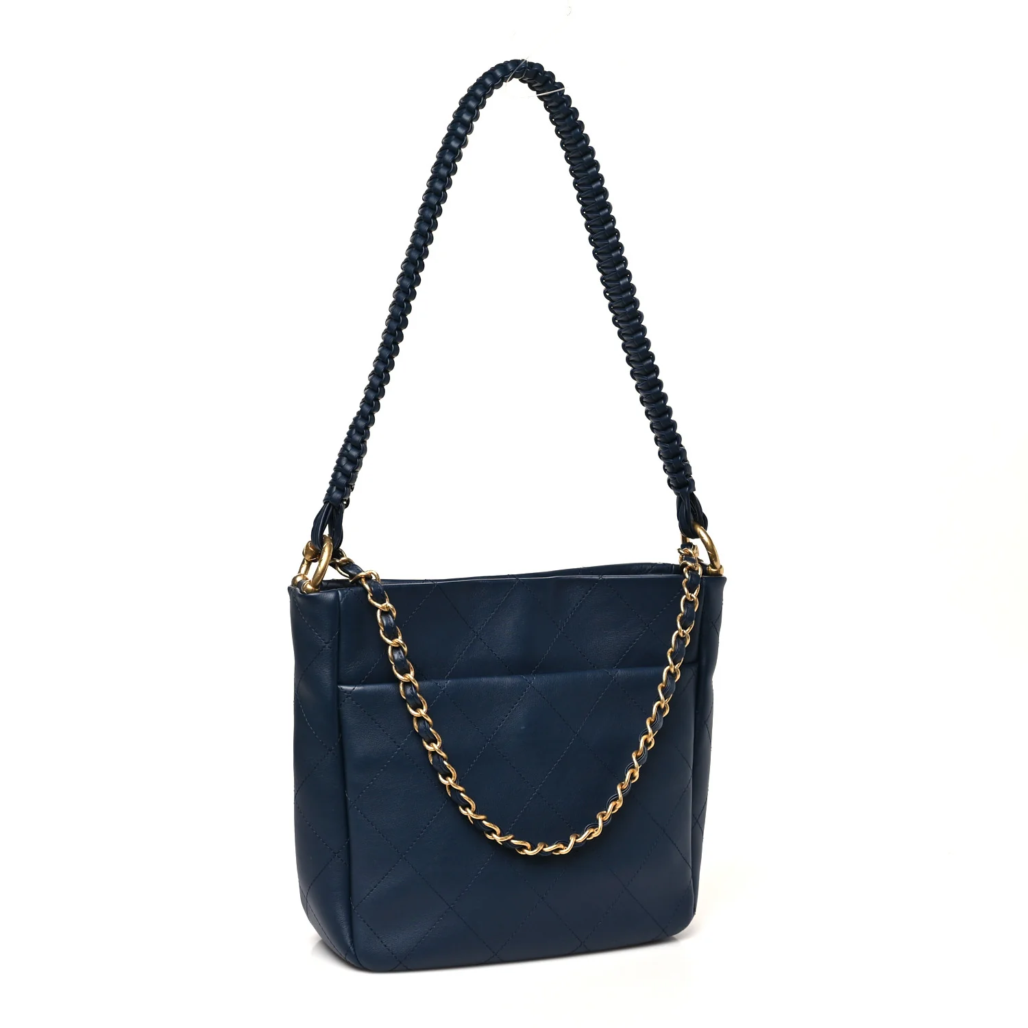 Calfskin Quilted Braided Handle Chain Hobo Navy Blue - Image 3