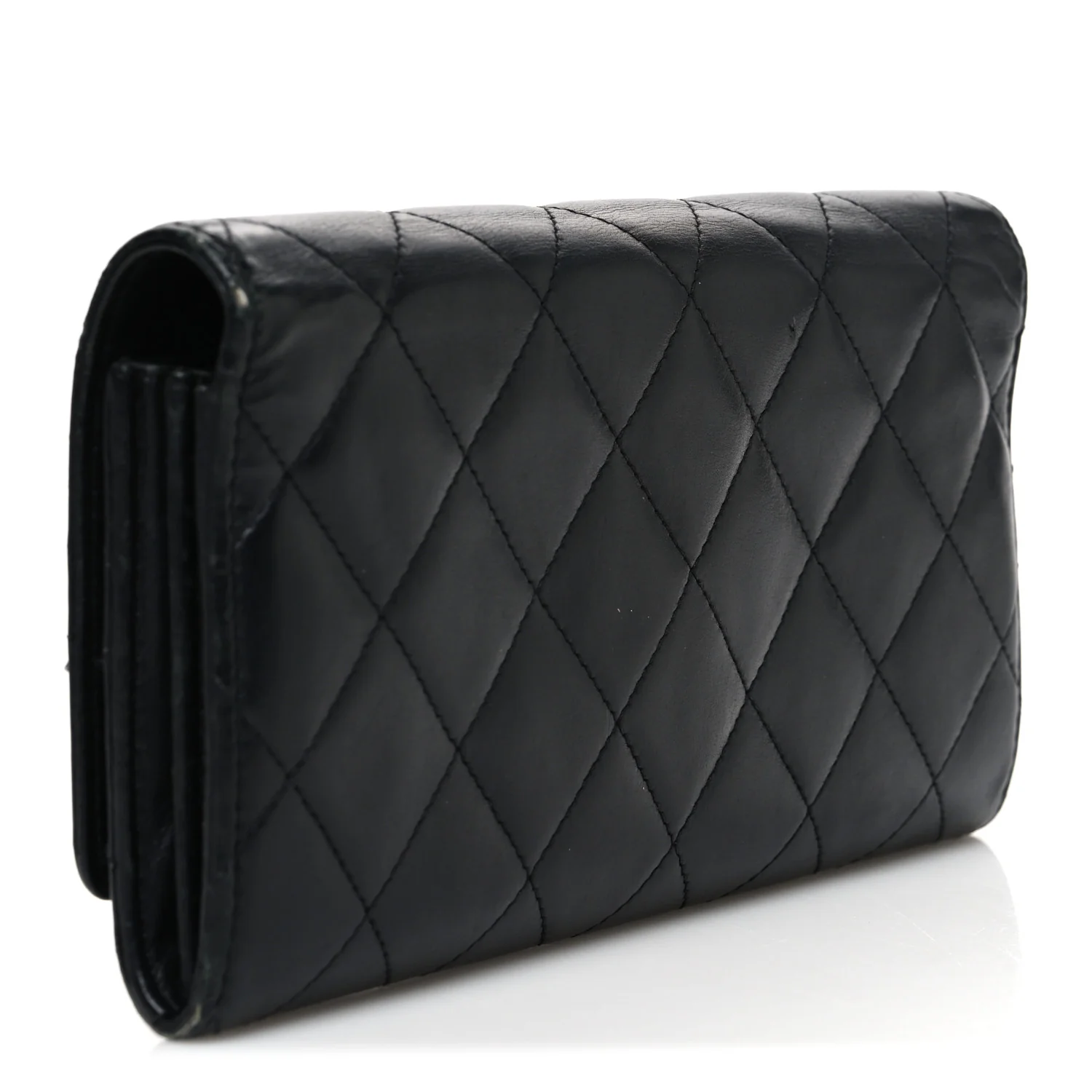 Calfskin Quilted Cambon Gusset Flap Wallet Black - Image 3