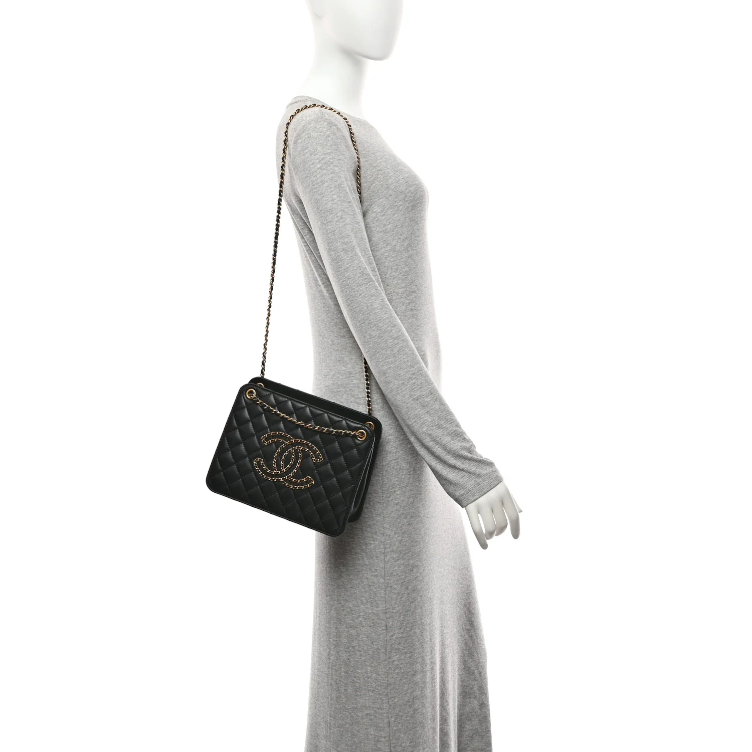 Calfskin Quilted CC Chain Accordion Tote Black - Image 2