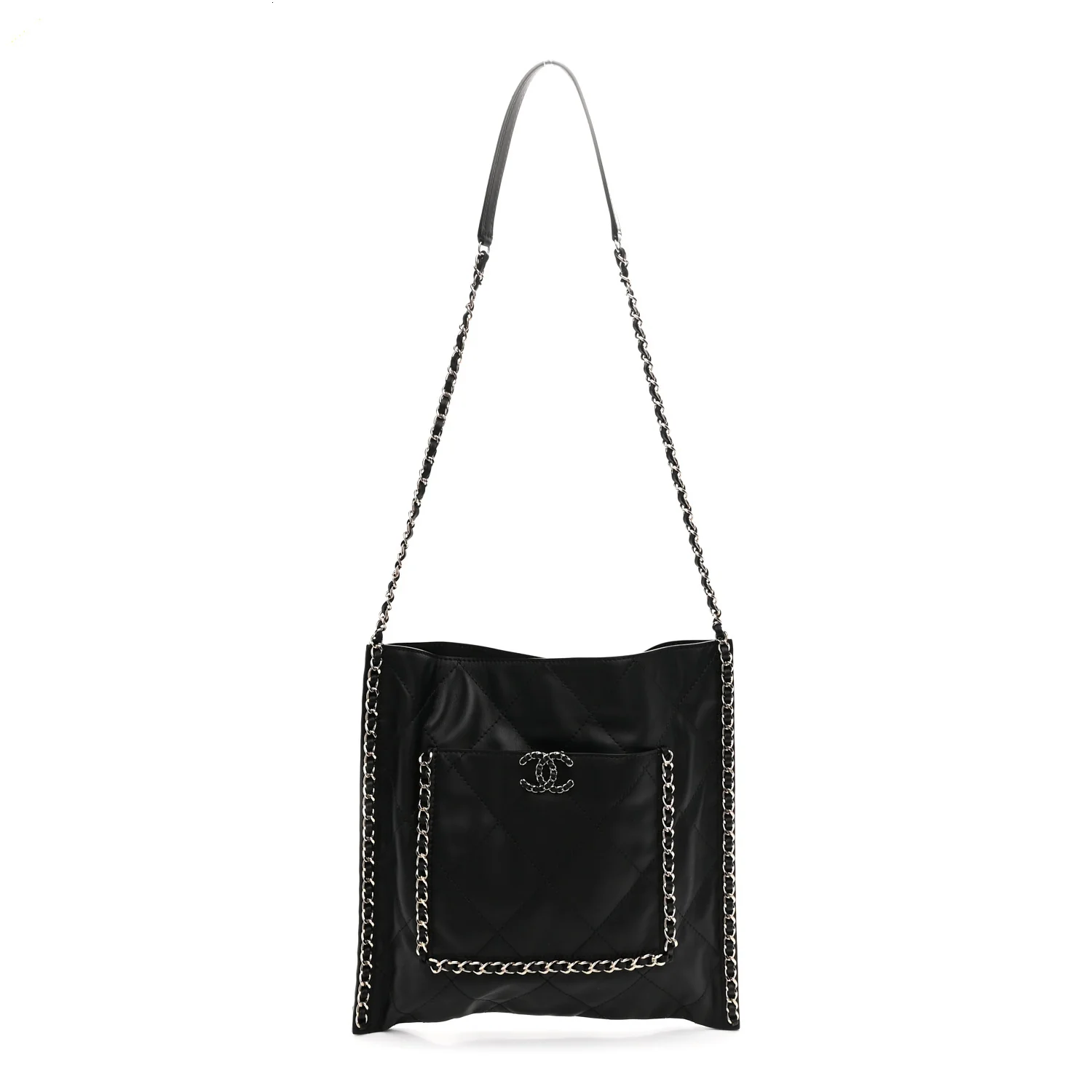 Calfskin Quilted Chain Flat Tote Black
