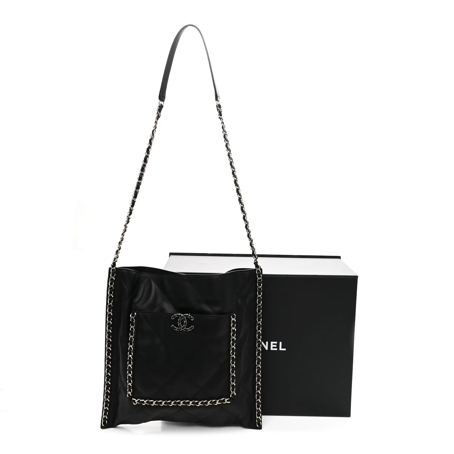 Calfskin Quilted Chain Flat Tote Black - Image 11