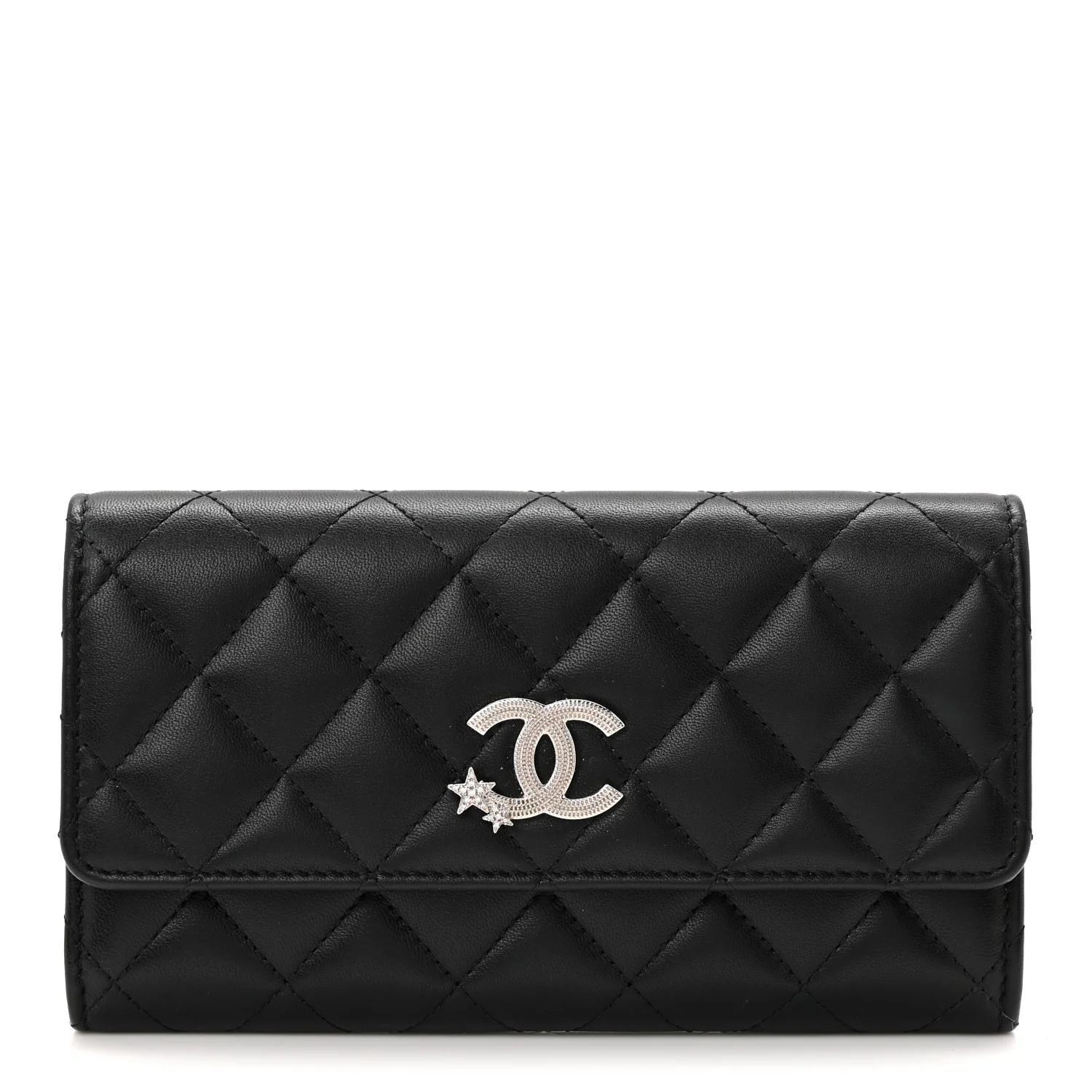 Calfskin Quilted Crystal CC Star Flap Wallet Black