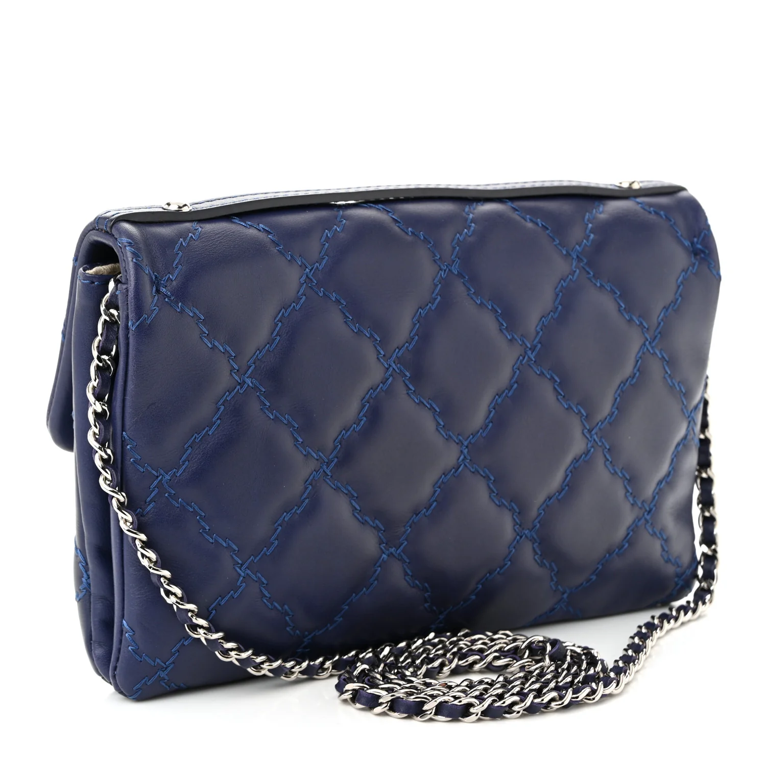 Calfskin Quilted Double Stitch Hamptons Clutch with Chain Blue - Image 3