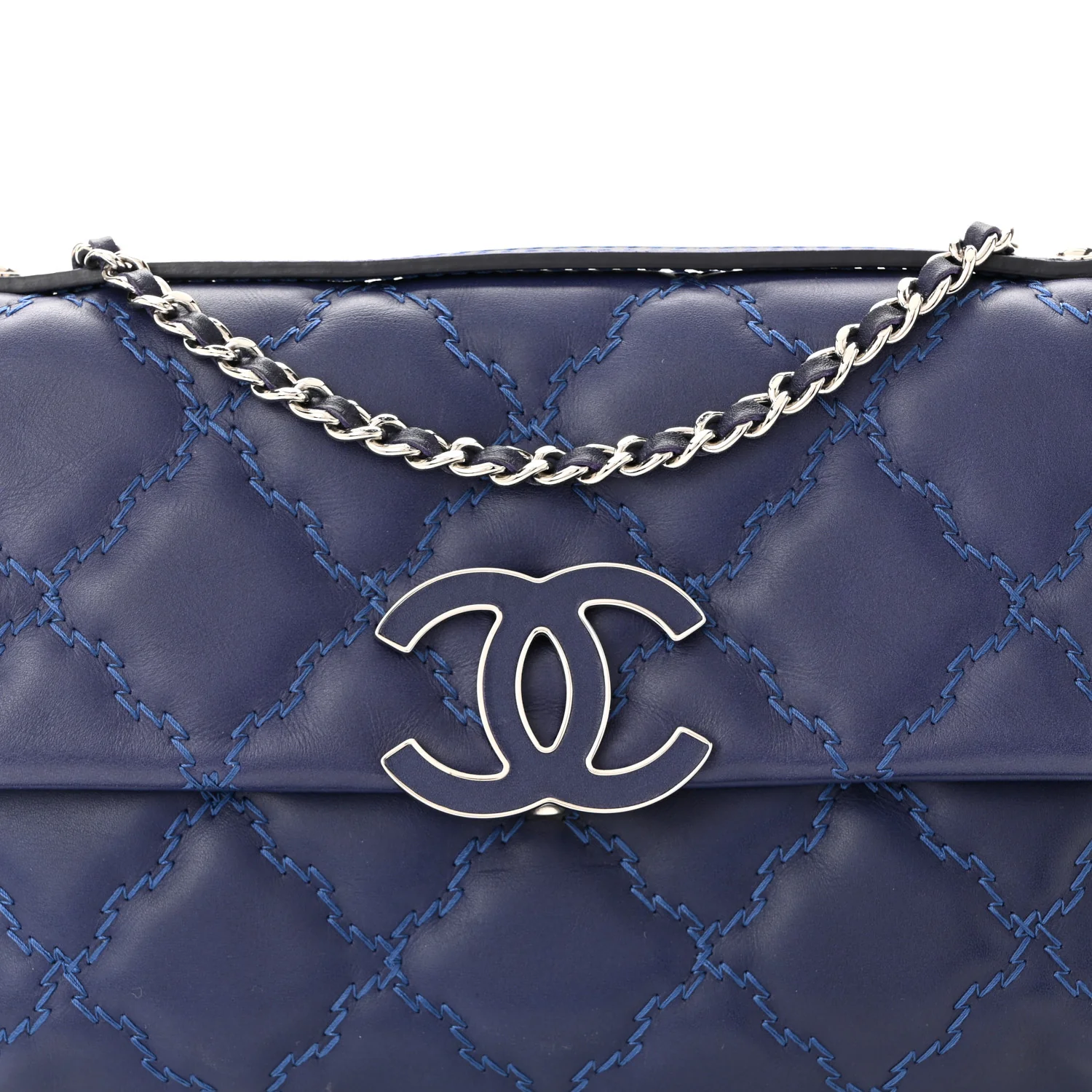 Calfskin Quilted Double Stitch Hamptons Clutch with Chain Blue - Image 8