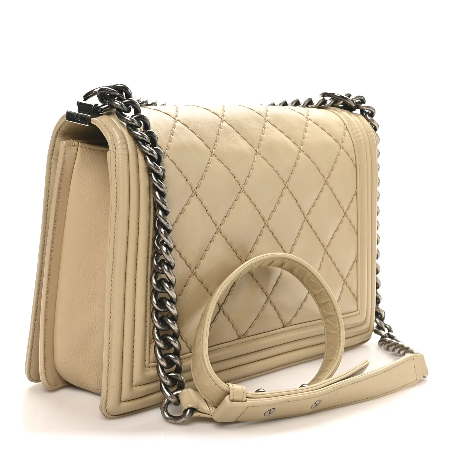 Calfskin Quilted Double Stitch New Medium Boy Flap Beige - Image 3