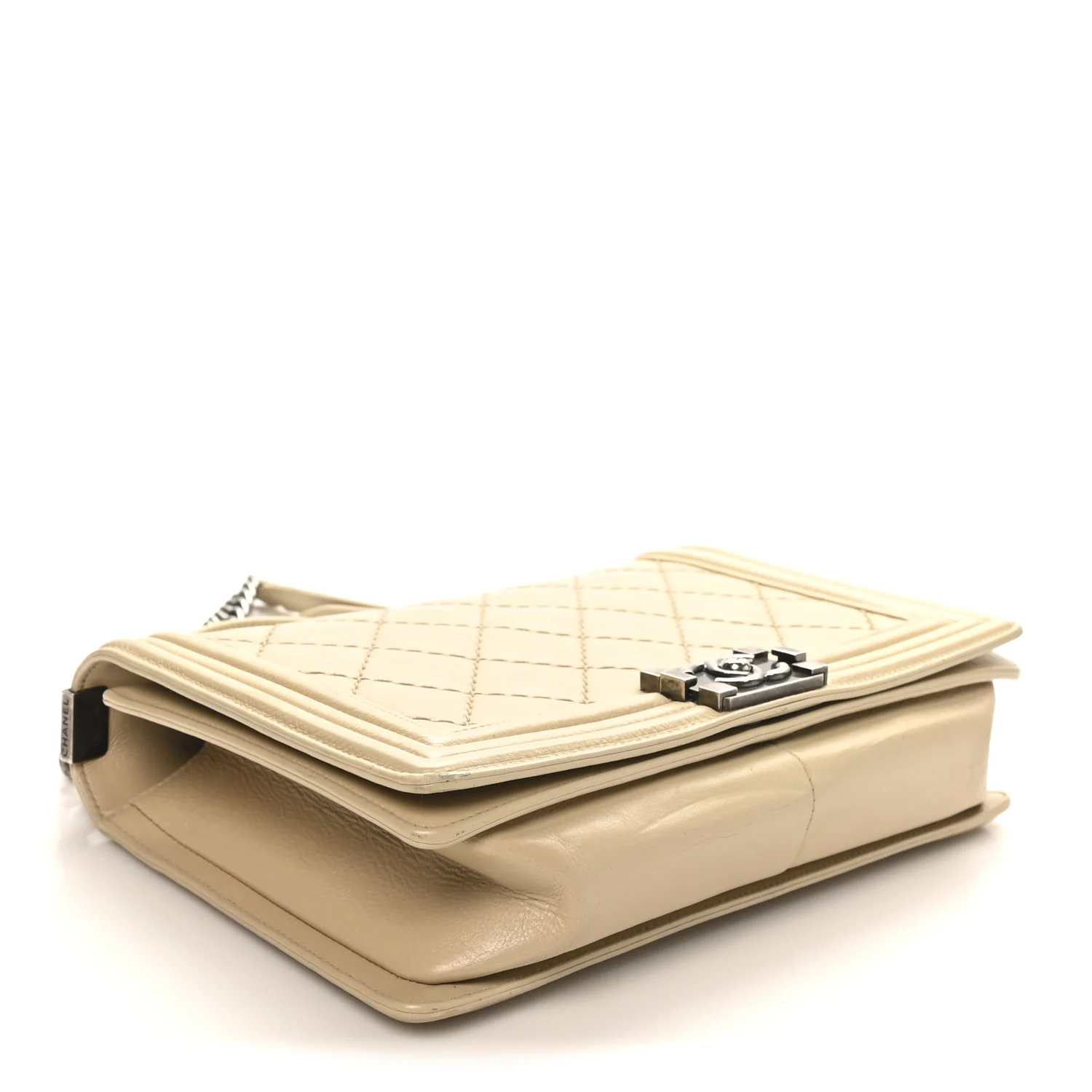 Calfskin Quilted Double Stitch New Medium Boy Flap Beige - Image 4