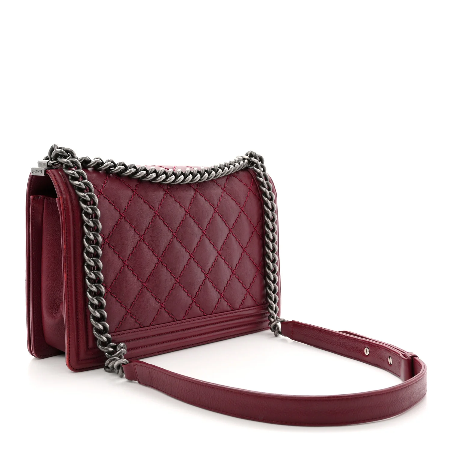 Calfskin Quilted Double Stitch New Medium Boy Flap Burgundy - Image 3