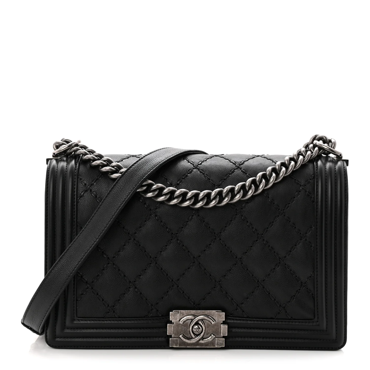 Calfskin Quilted Double Stitched New Medium Boy Flap Black