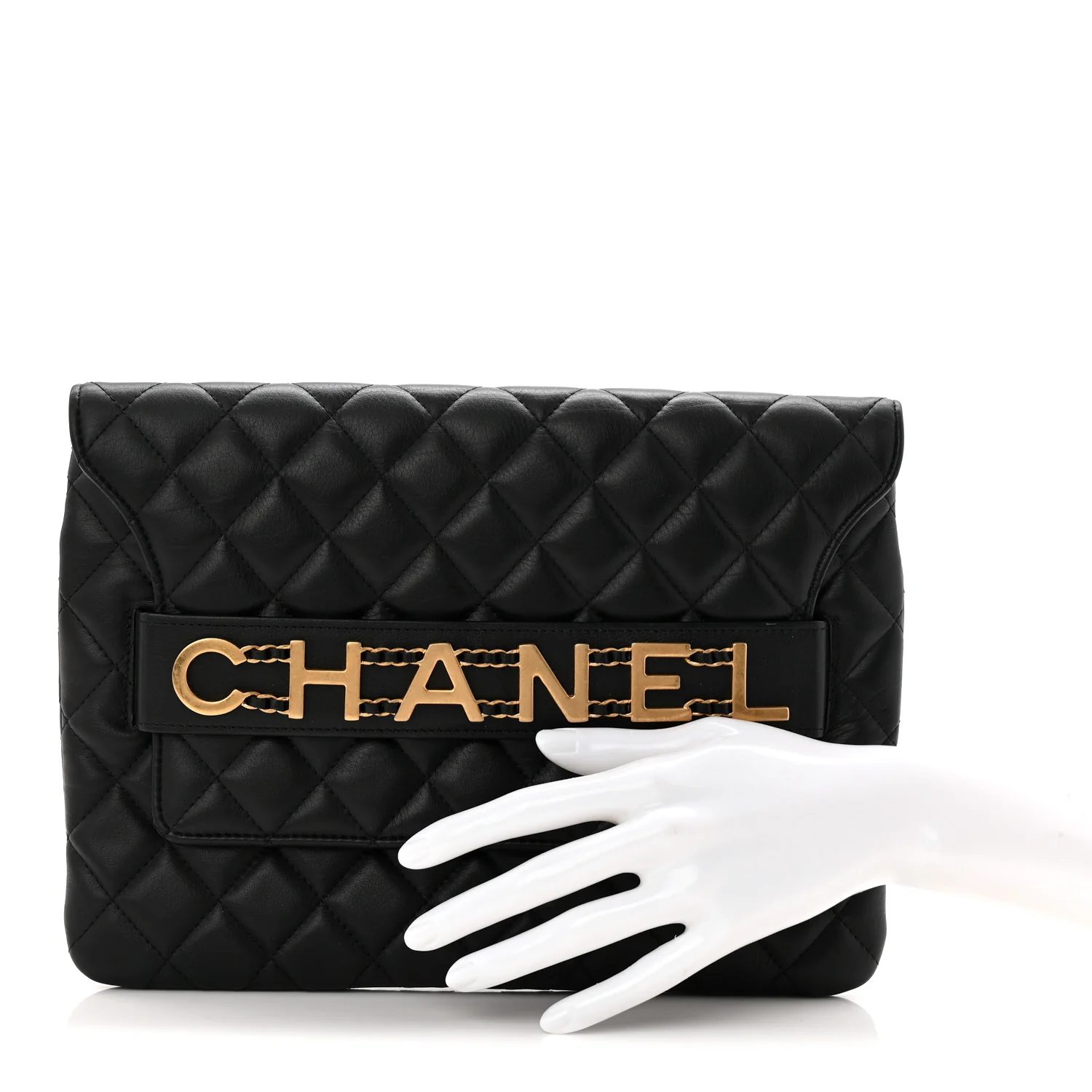 Calfskin Quilted Front Logo Enchained Clutch Black - Image 2